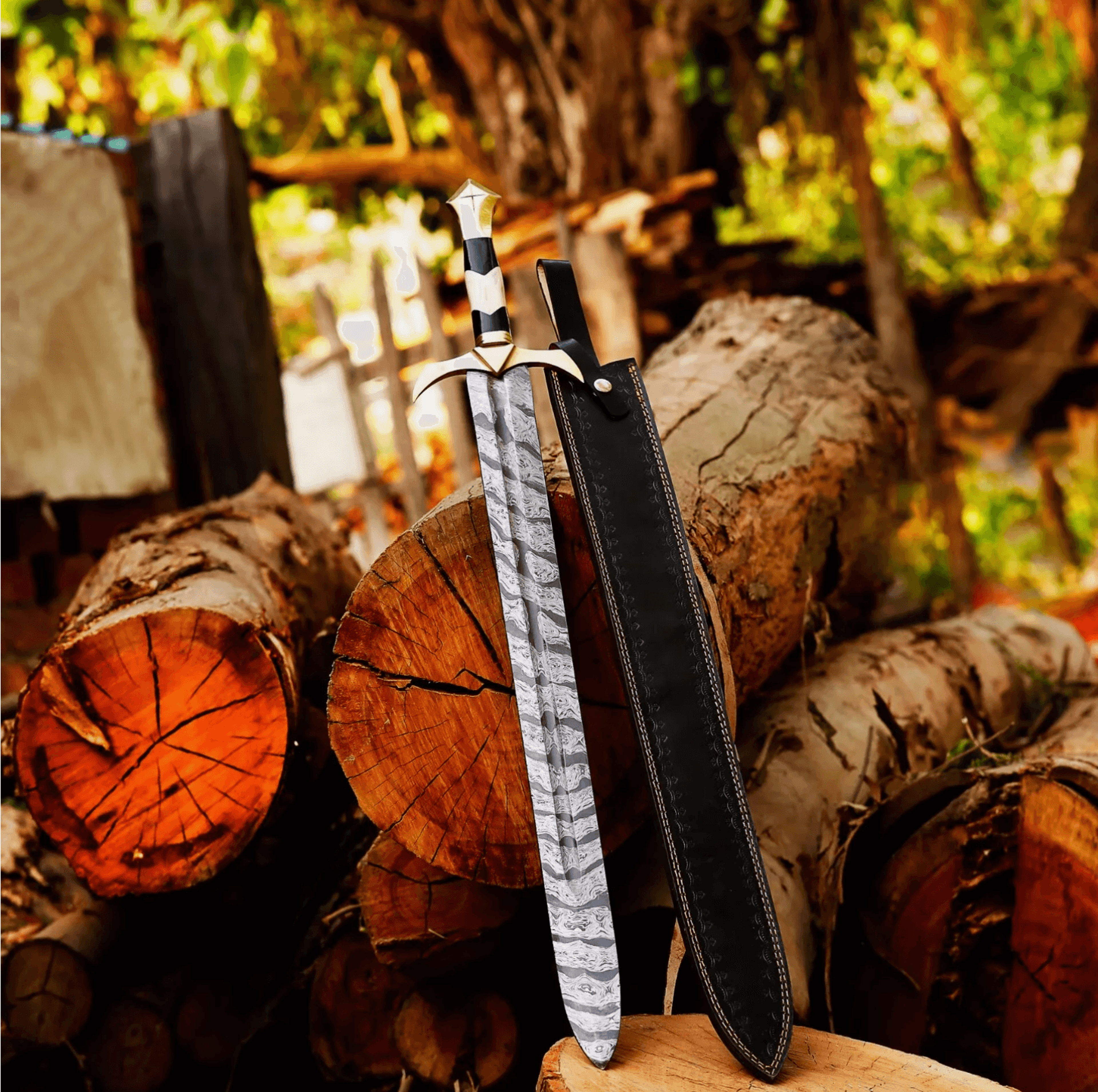 38-inch hand-forged damascus viking sword - battle-ready medieval blade with sheath