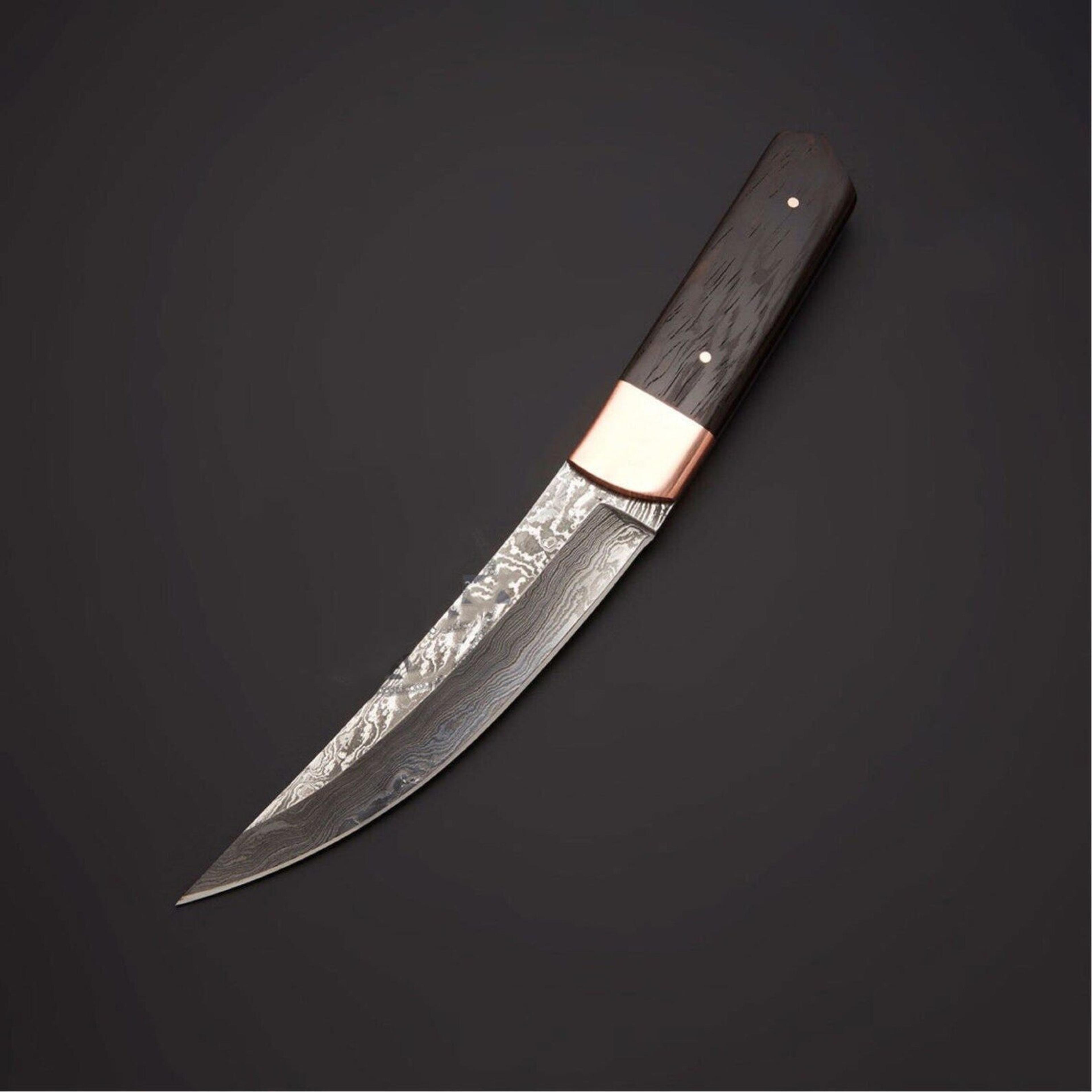 handmade damascus hunting knife fixed blade with wenge wood handle & leather sheath | bushcraft camping survival knife