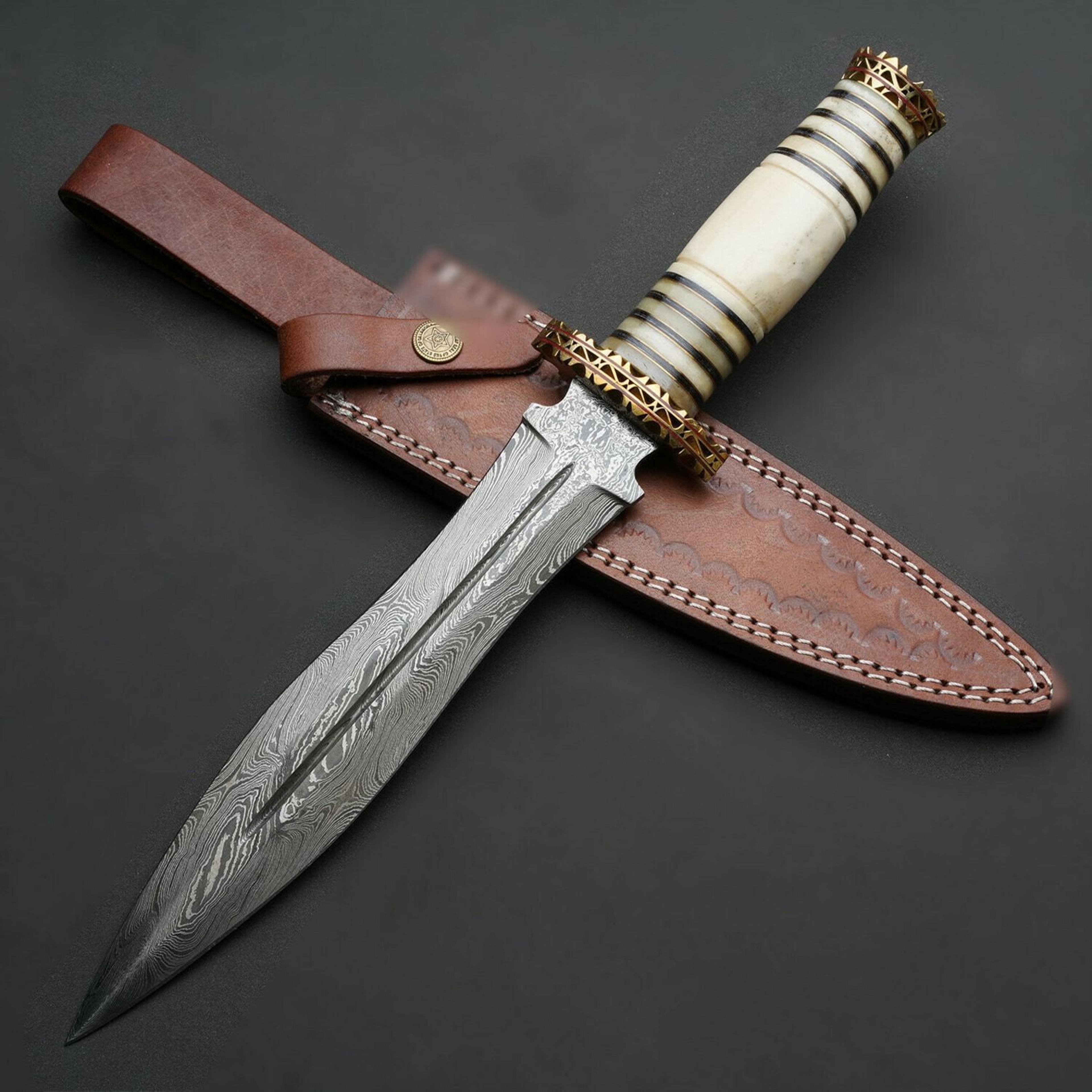 damascus dagger fixed blade with bone handle & leather sheath | double edge hunting collectible knife | medieval gift