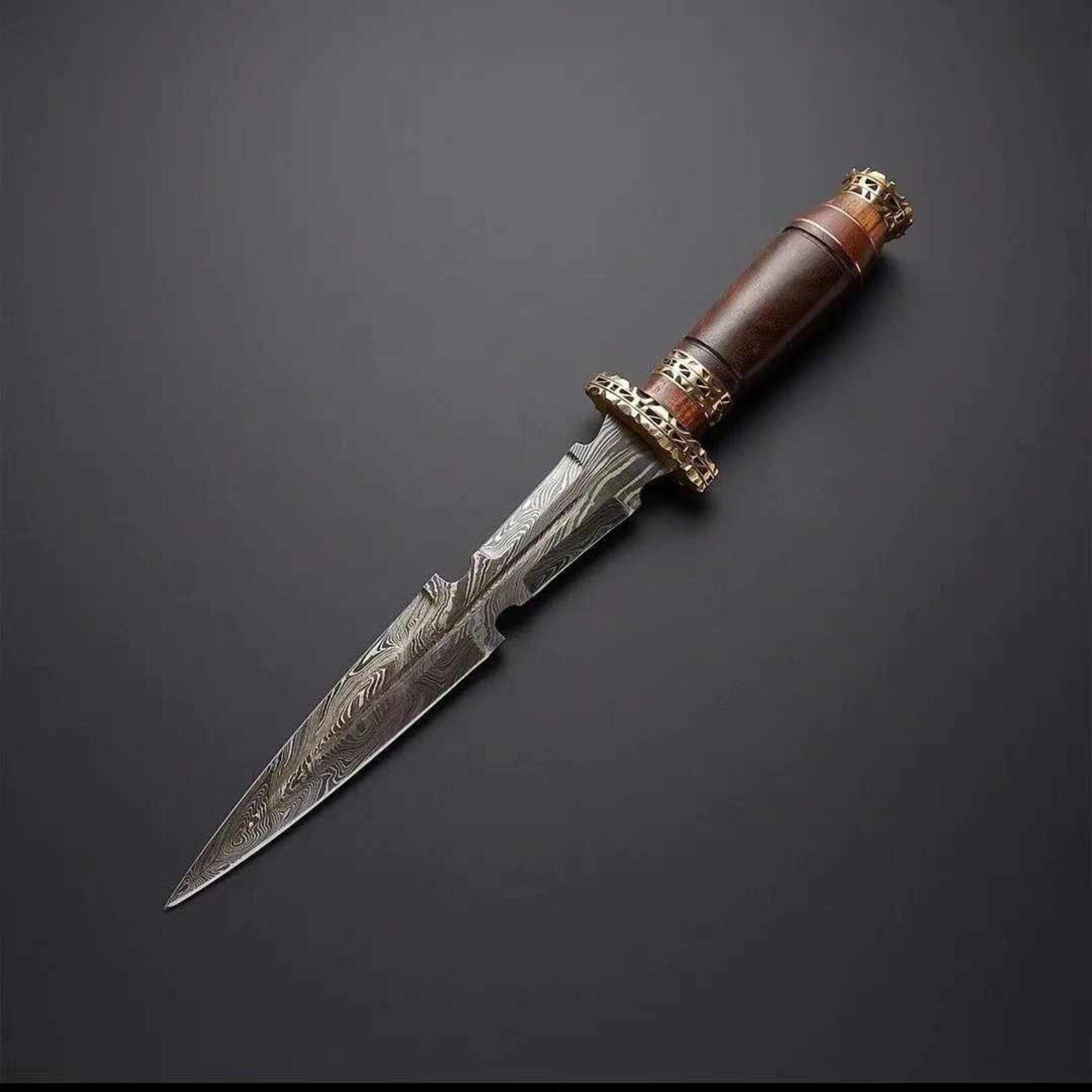 damascus dagger fixed blade with rosewood handle & leather sheath | double edge hunting collectible knife | gift for him