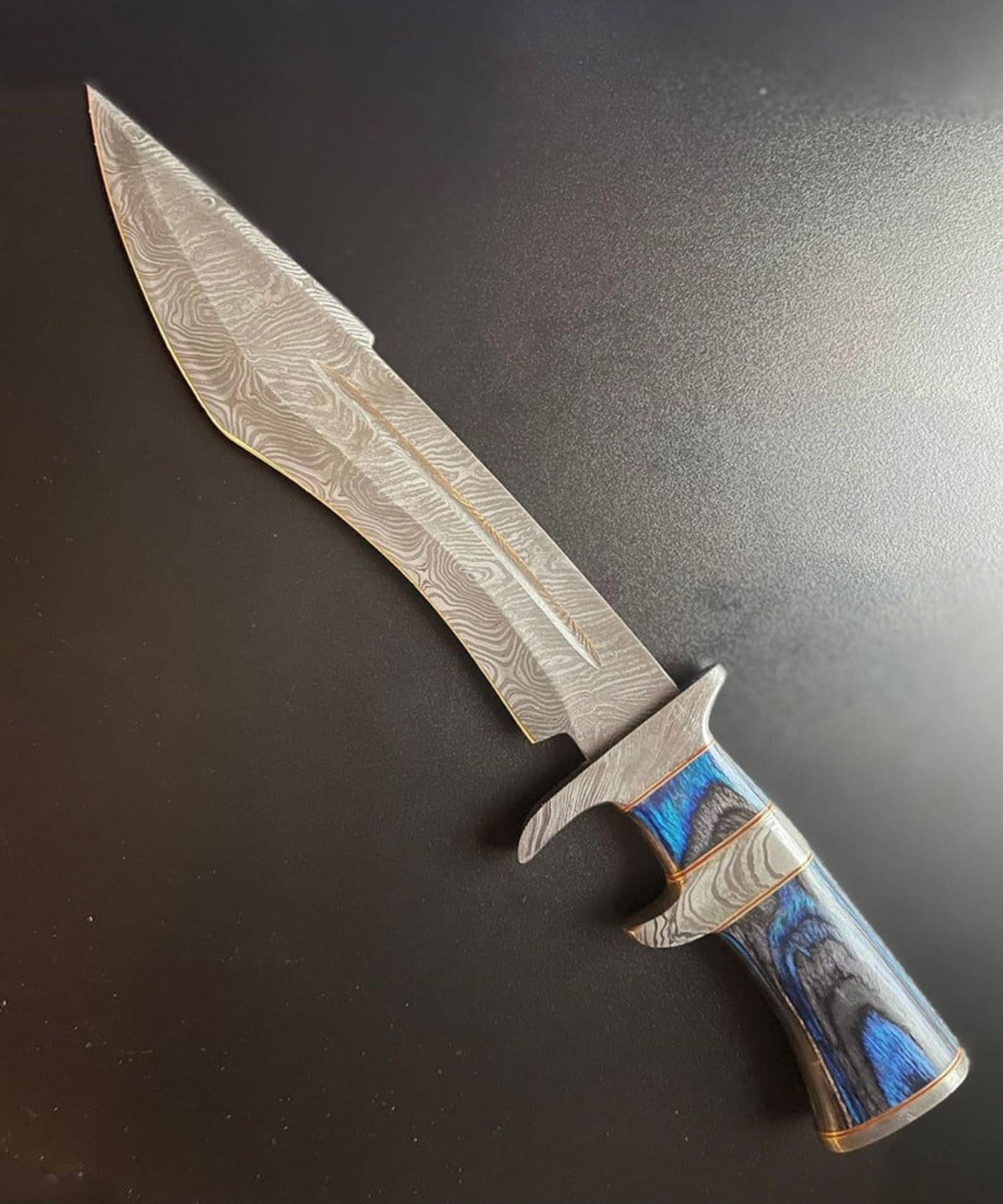 bowie knife with blue resin & wood handle, leather sheath | fixed blade hunting survival knife | gift for him & collecto