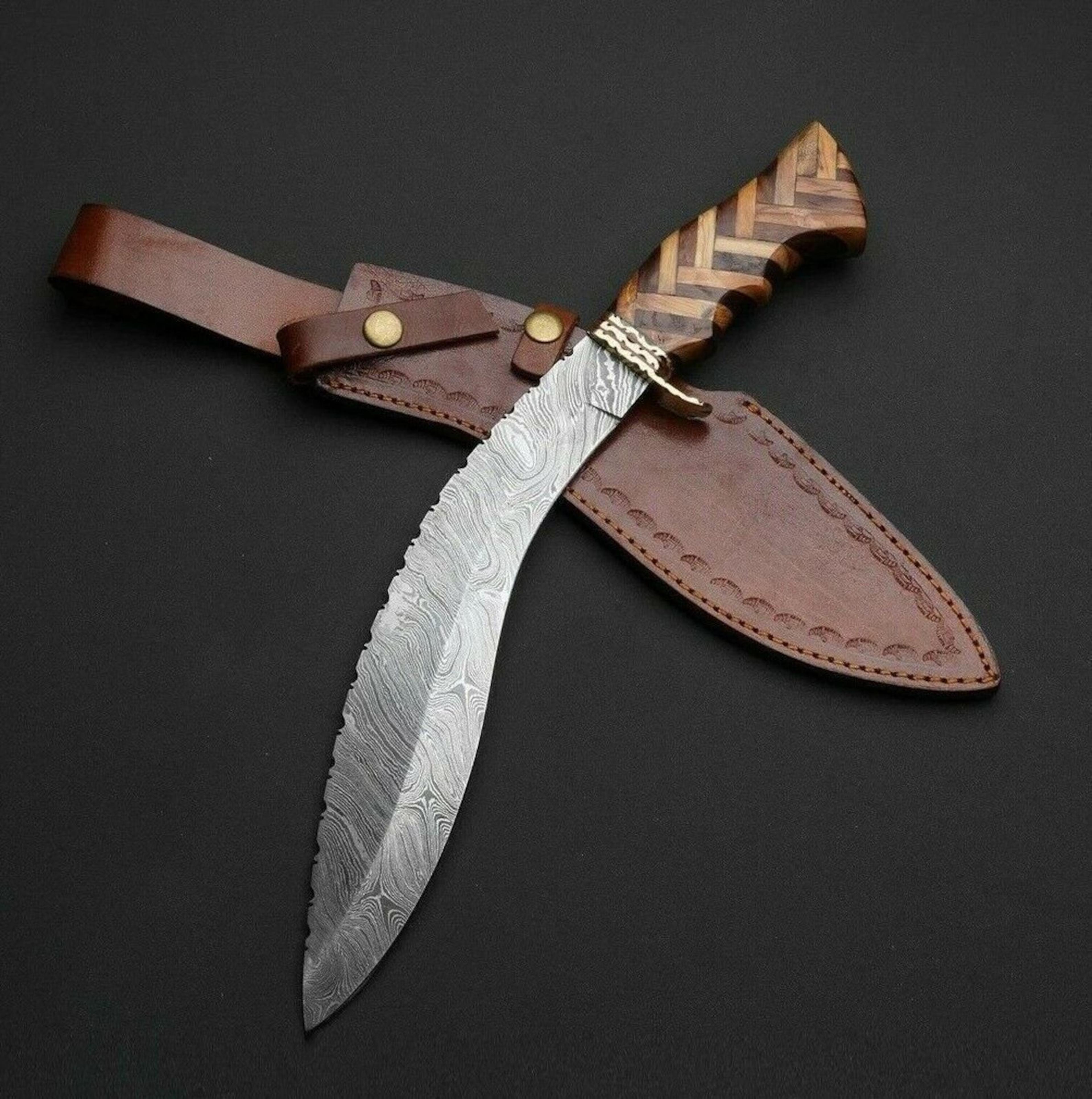 kukri knife with exotic wood handle & leather sheath | fixed blade bushcraft survival knife | unique gift for hunters