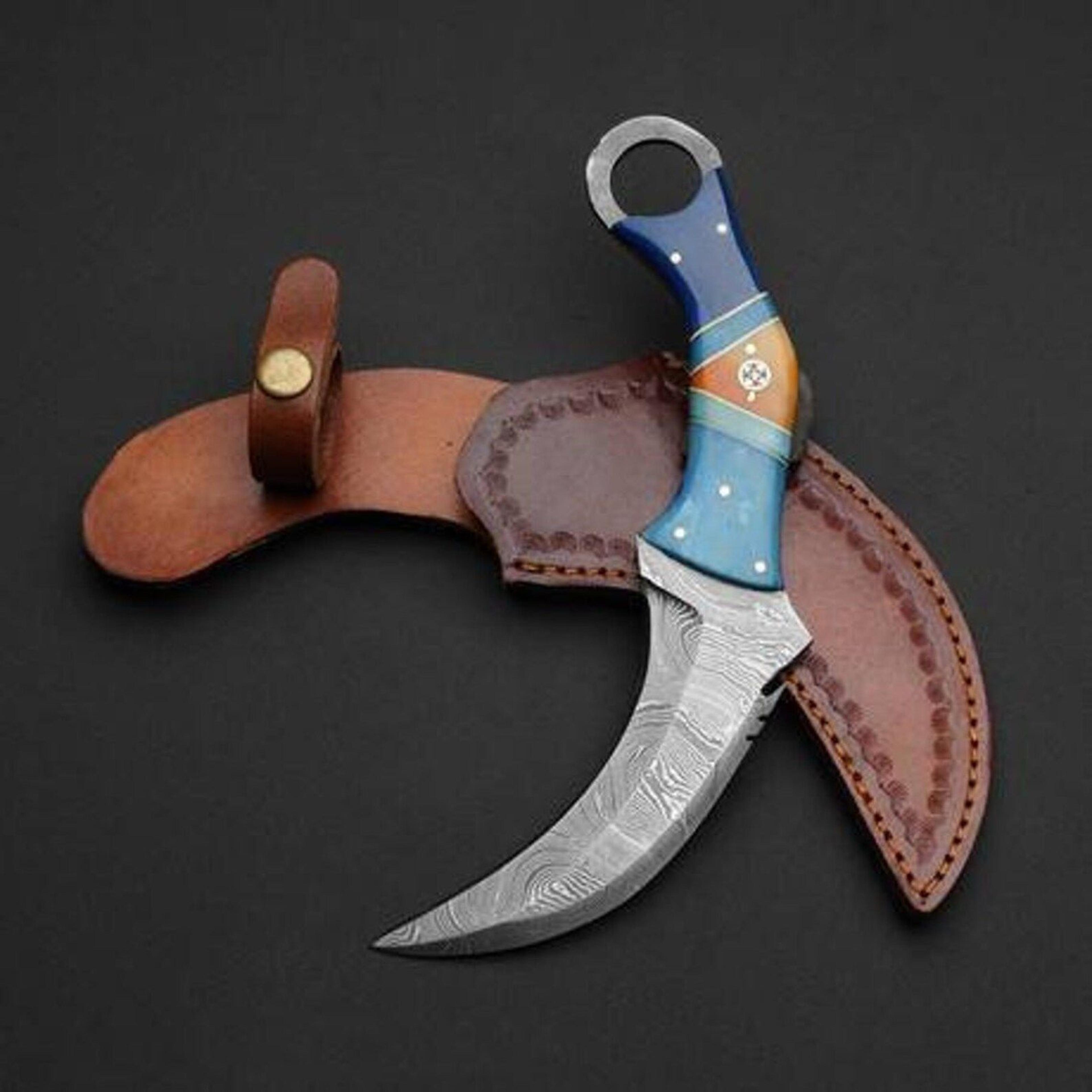 custom damascus karambit knife with resin handle & leather sheath | curved fixed blade edc utility knife | unique gift