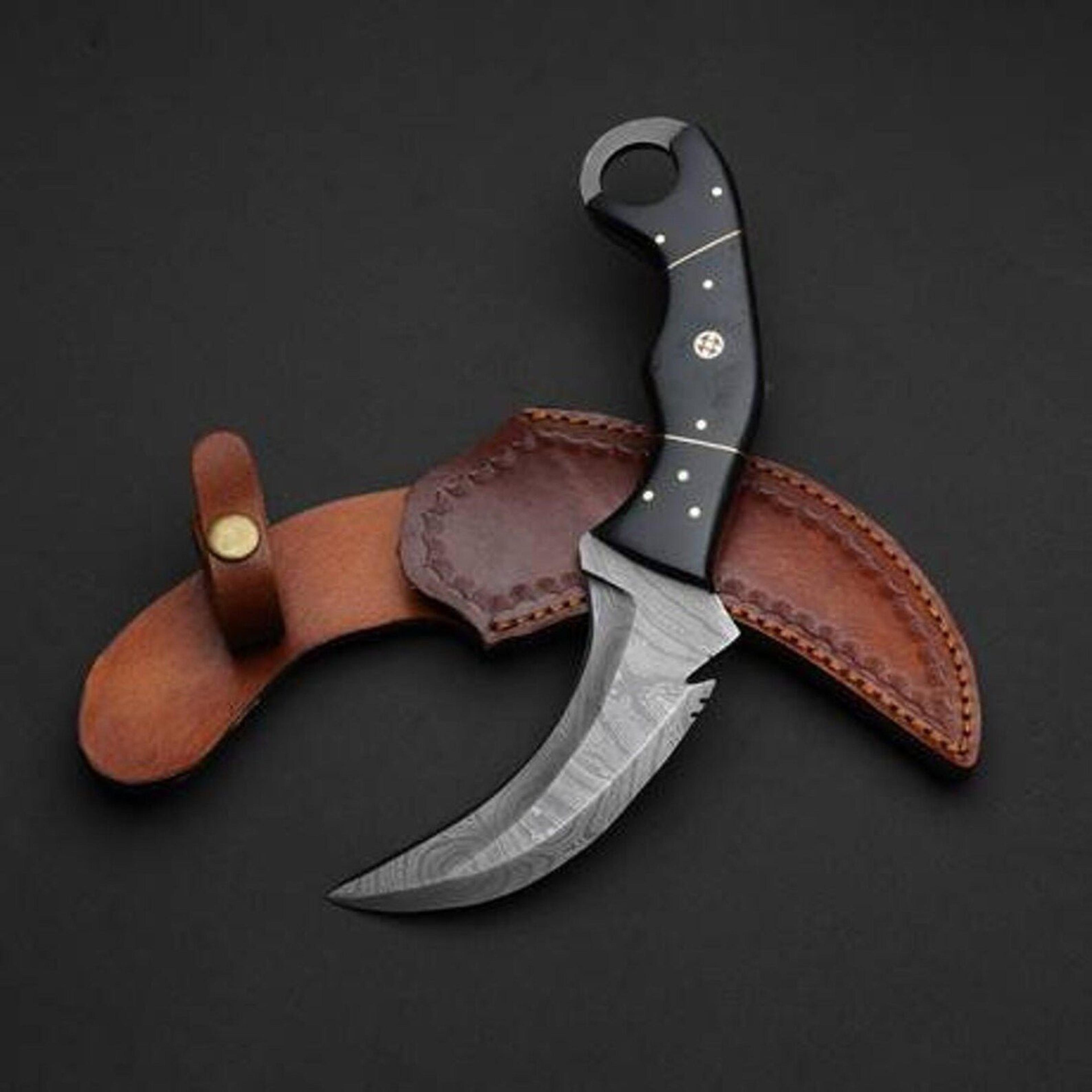 damascus karambit knife with black resin handle & leather sheath | curved fixed blade edc utility knife | premium gift