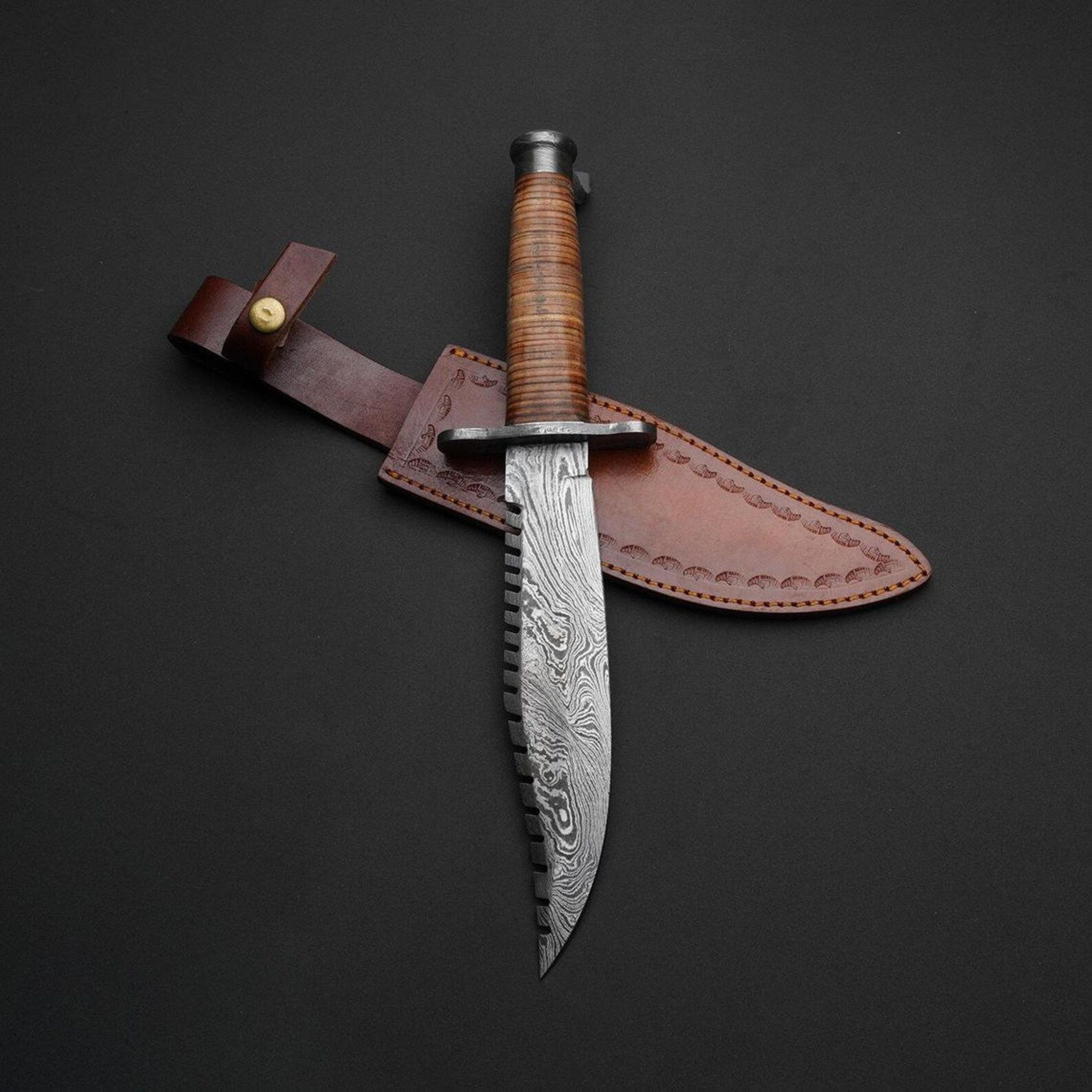 hunting knife with leather wrapped handle & genuine leather sheath | fixed blade survival bushcraft gift