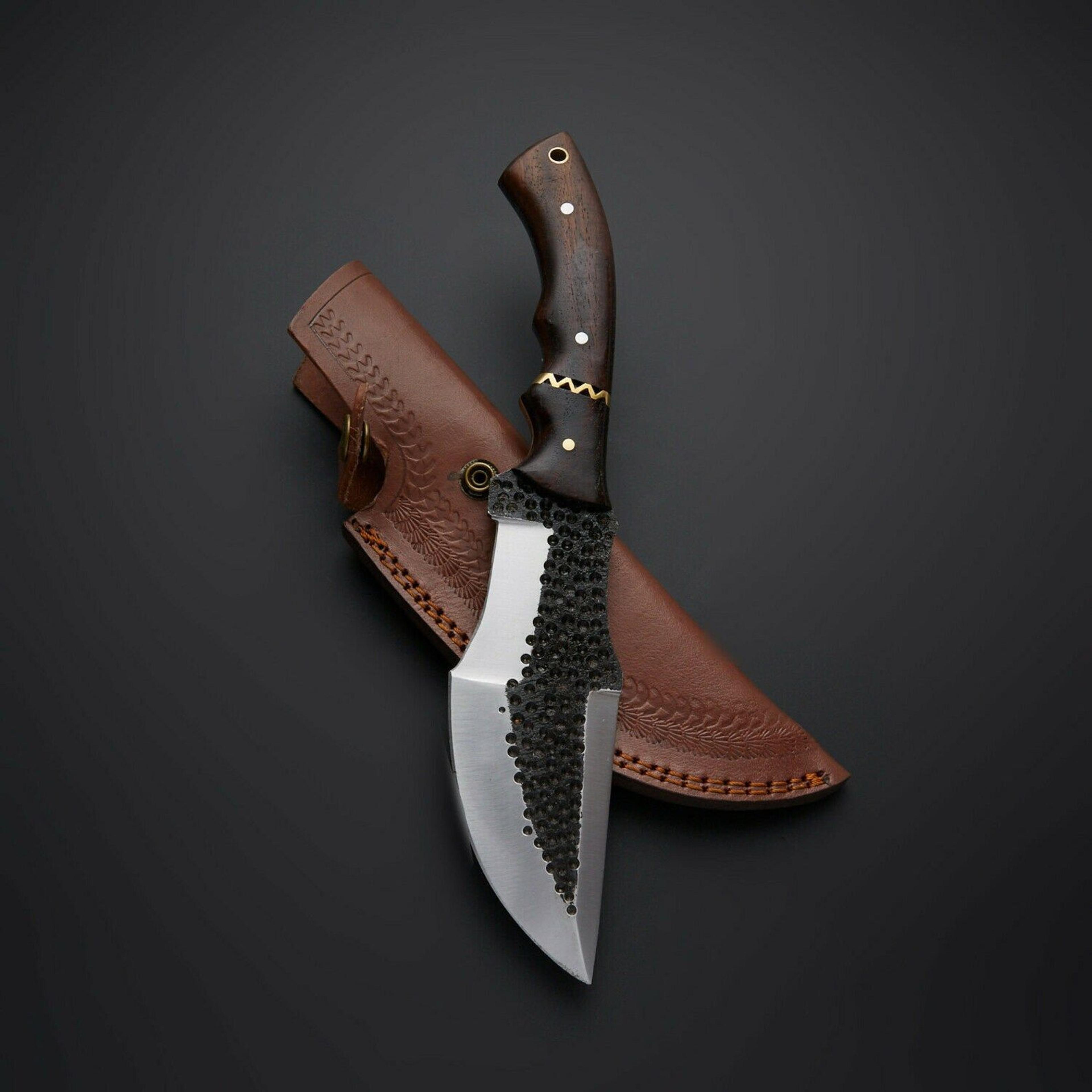 finish hunting knife with textured steel blade & rosewood handle | fixed blade bushcraft survival knife | premium gift