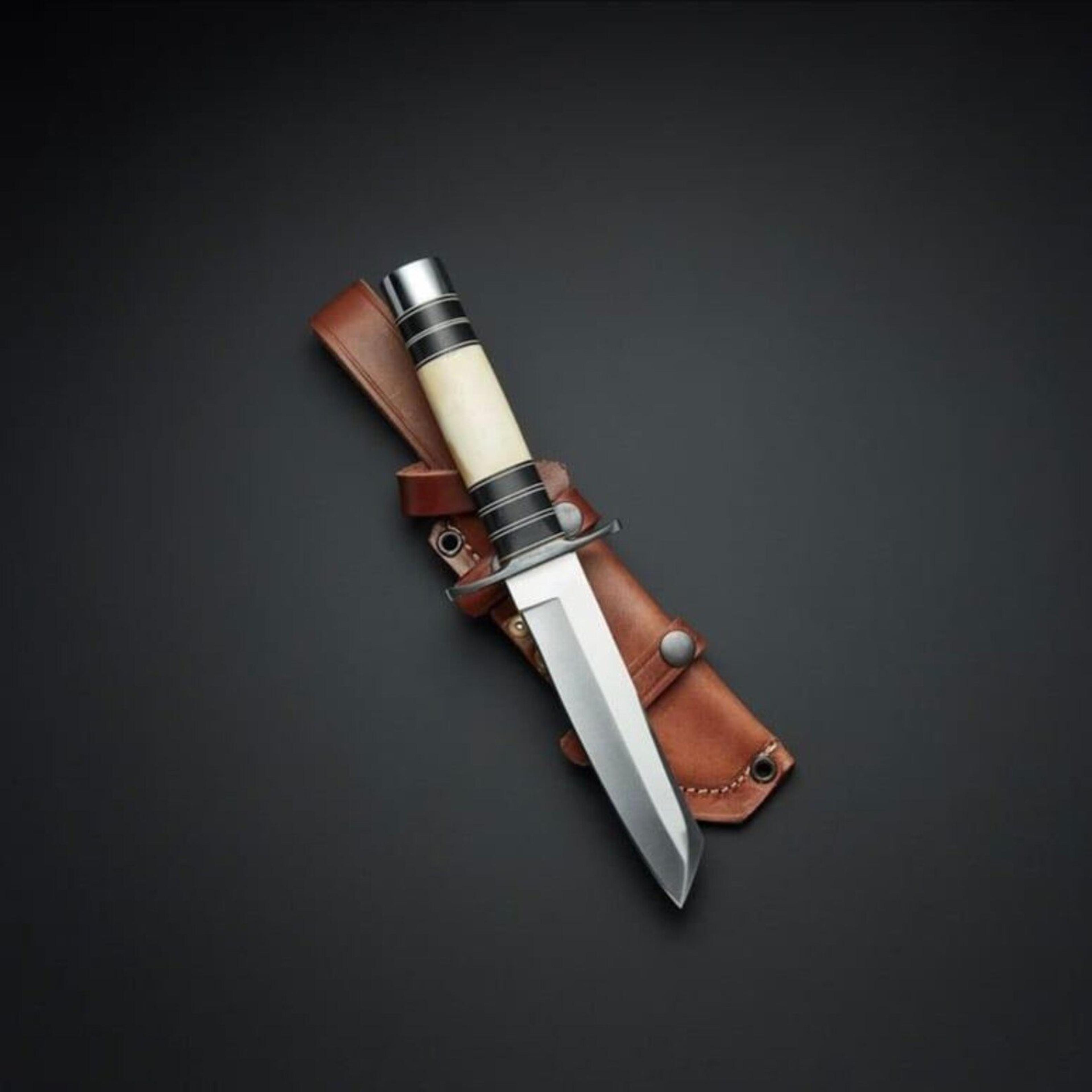 bowie hunting knife with stainless steel clip point blade & bone handle | leather sheath survival gift for hunters