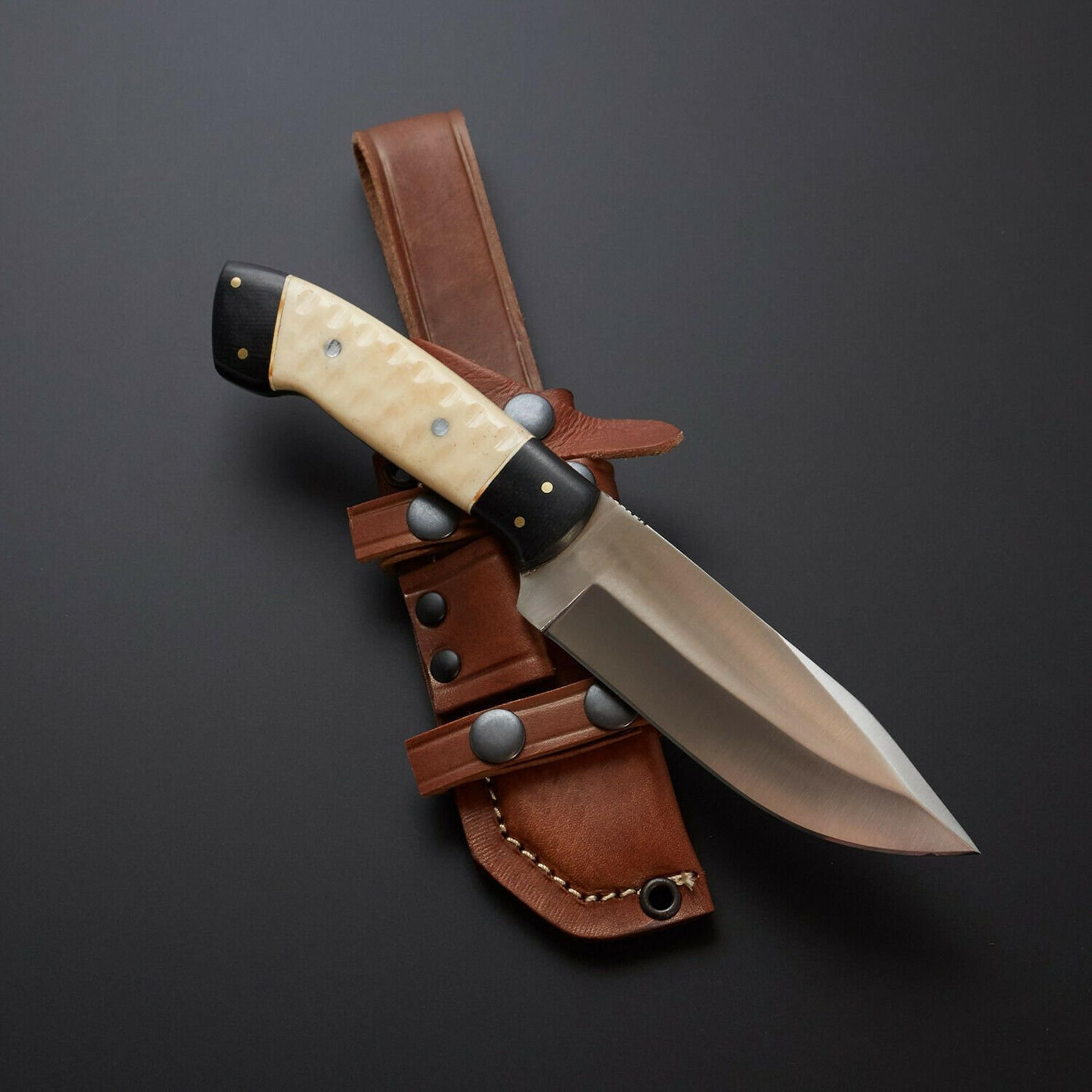 bowie hunting knife with stainless steel clip point blade & bone handle | leather sheath gift for hunters