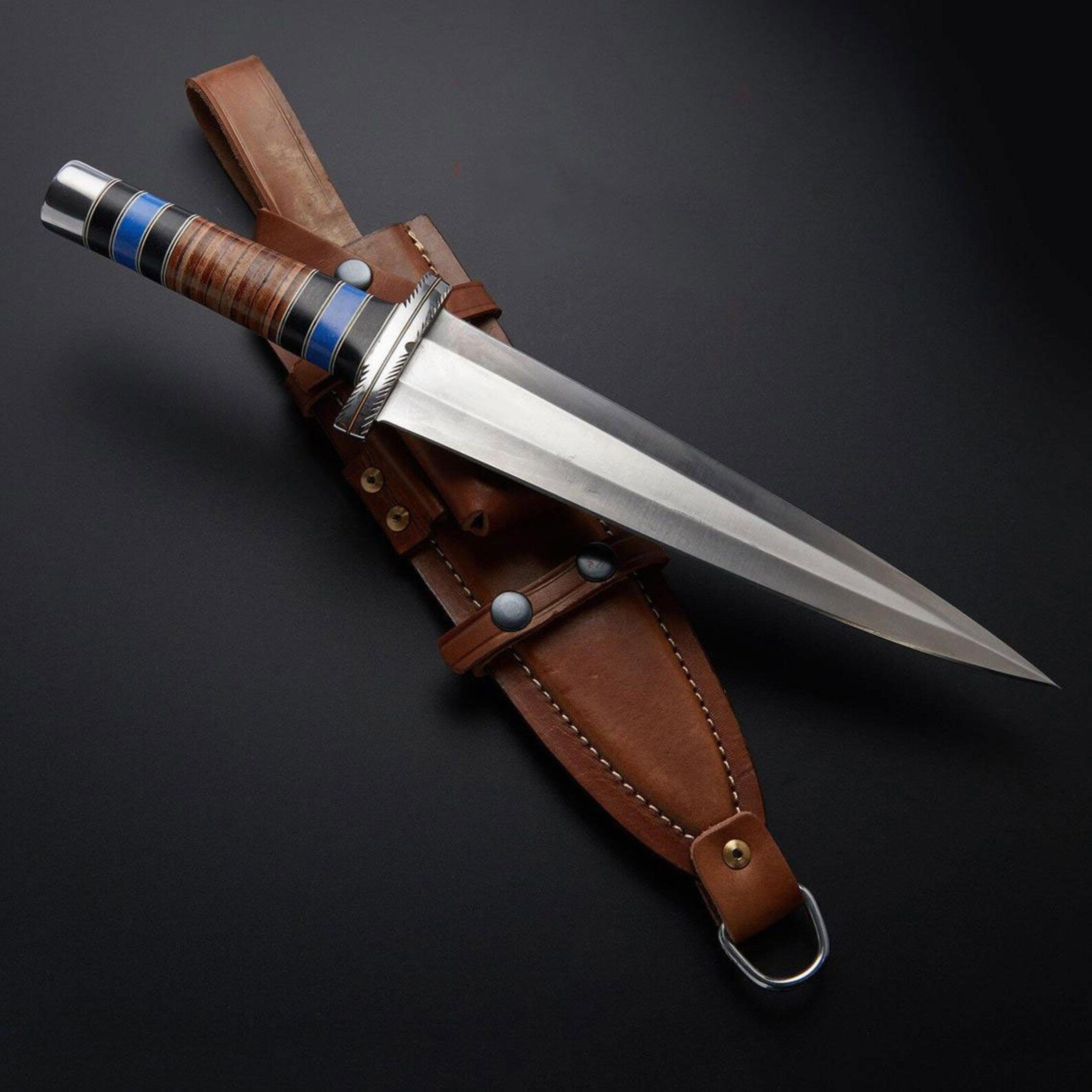 forged combat bowie knife with stainless steel double edge blade & leather sheath for hunting survival