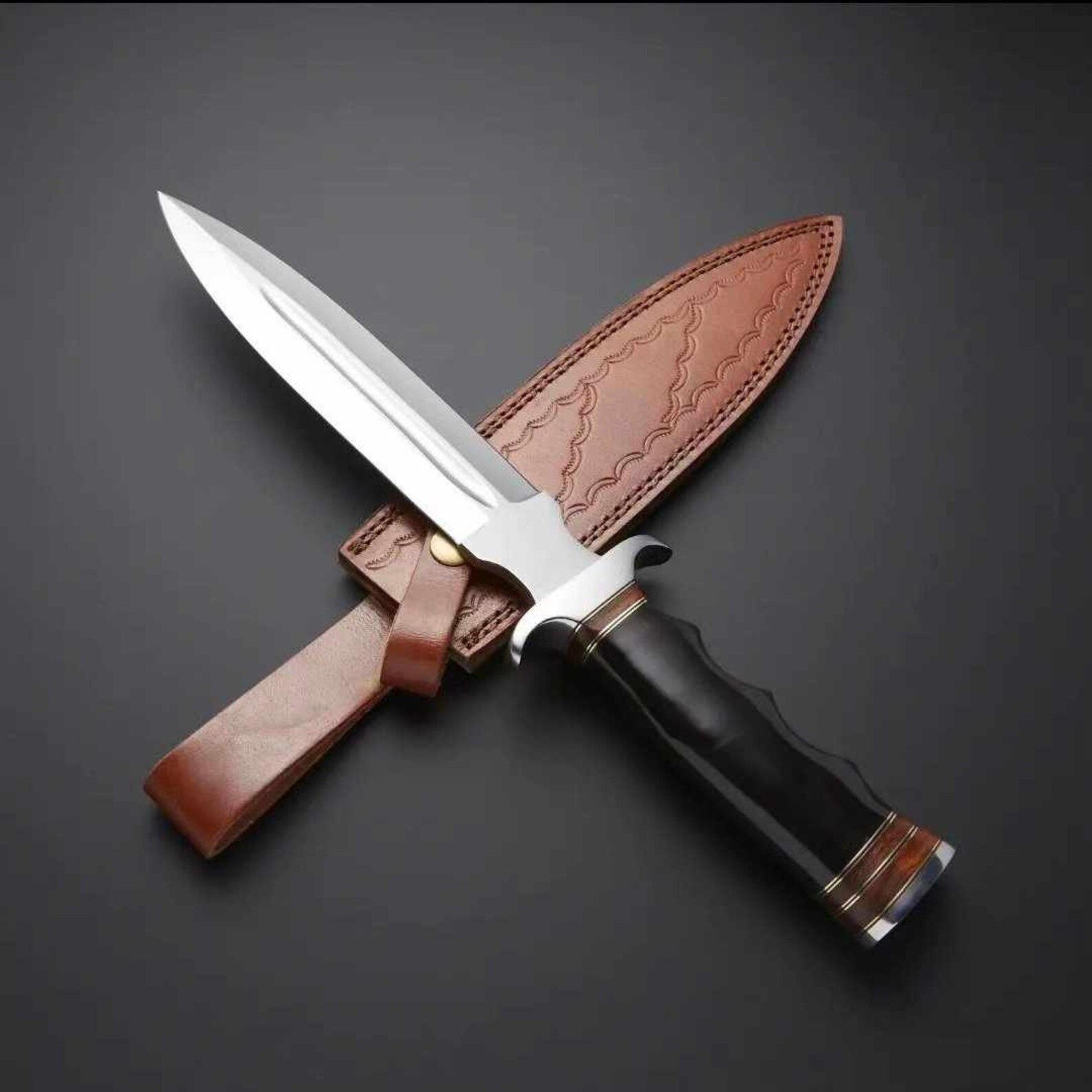 forged double edge dagger knife with stainless steel blade & leather sheath for hunting survival knife