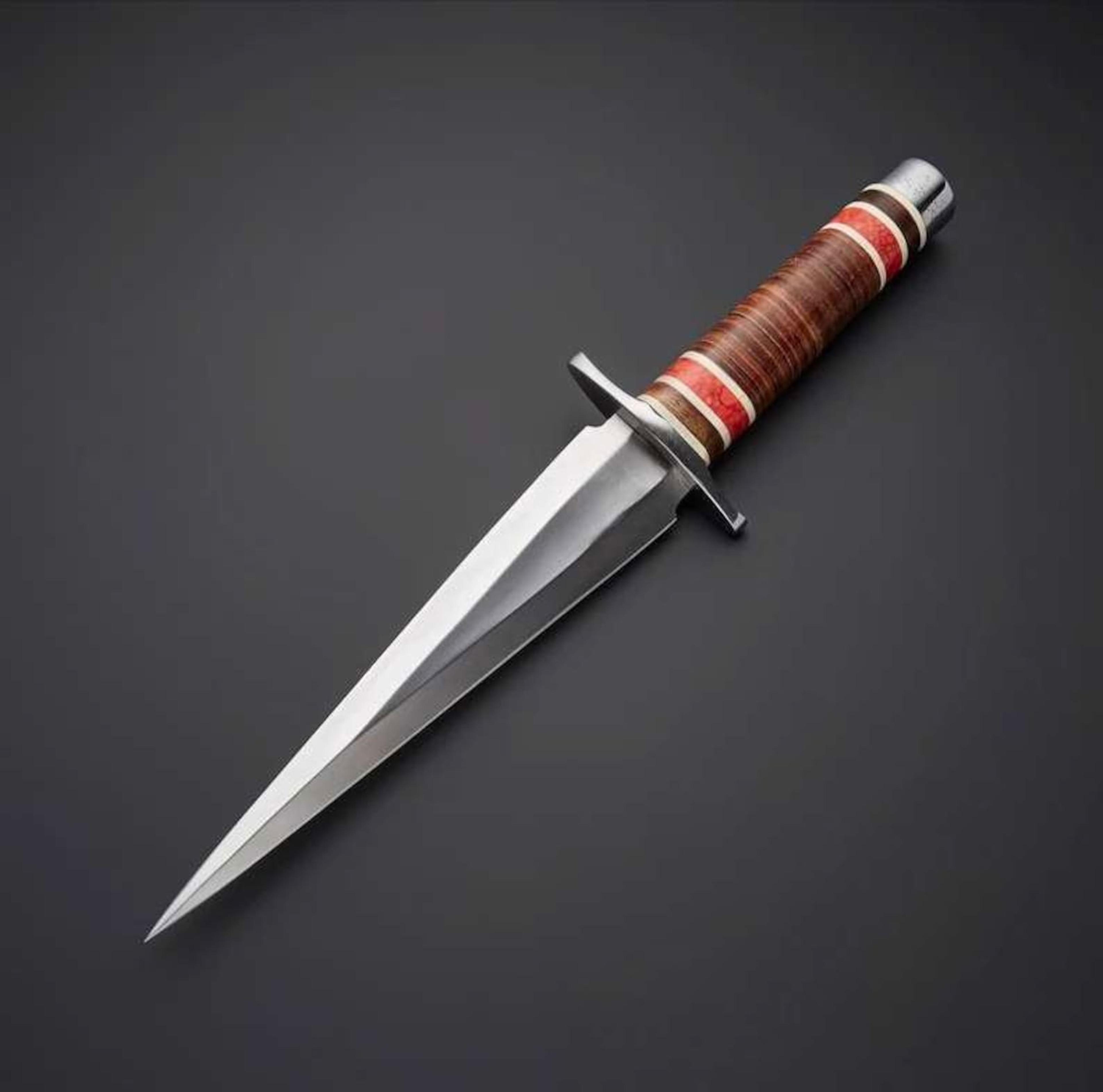double edge dagger knife with stainless steel spear point blade & leather sheath for hunting survival