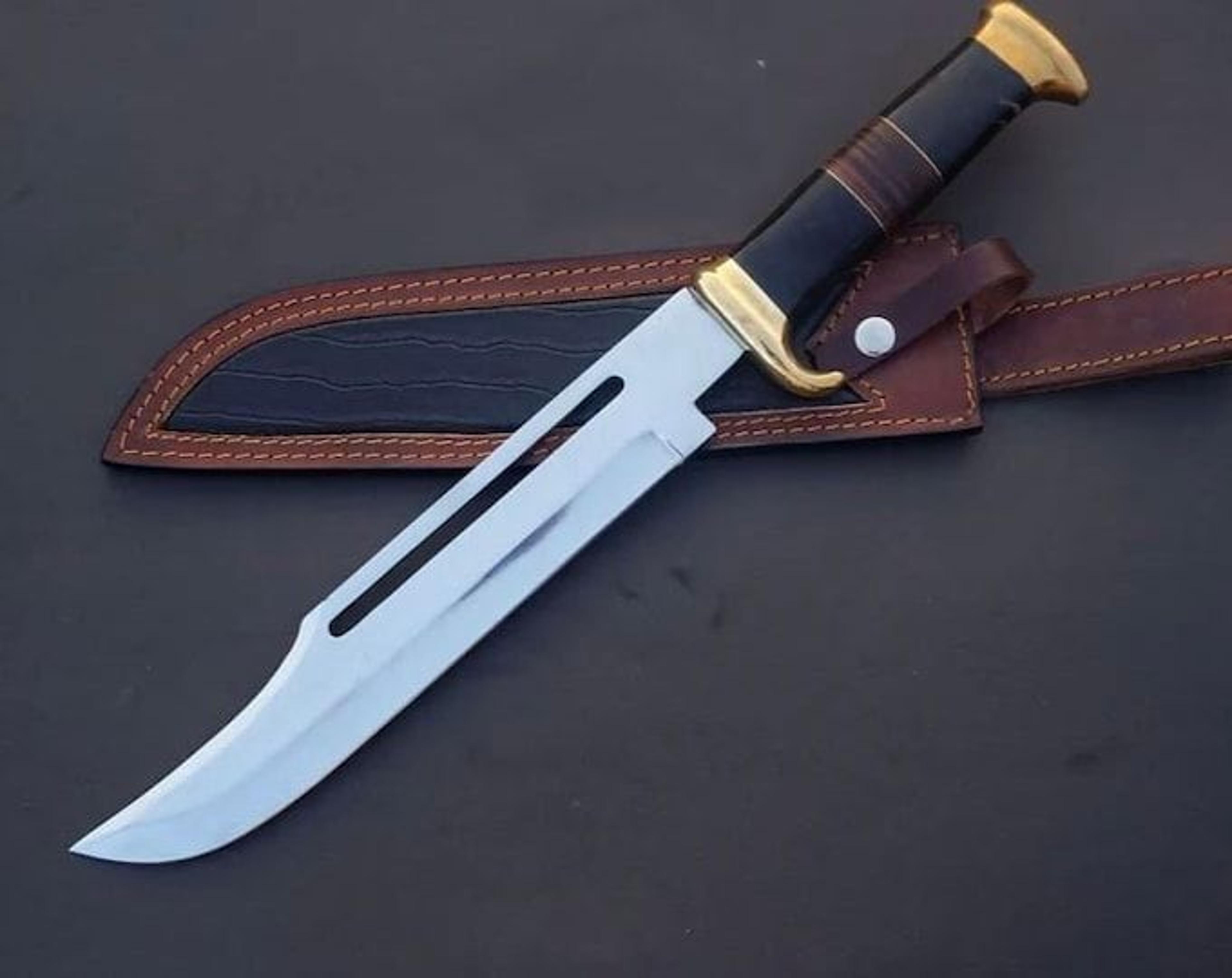 forged bowie machete knife with stainless steel clip point blade & leather sheath for hunting survival gift