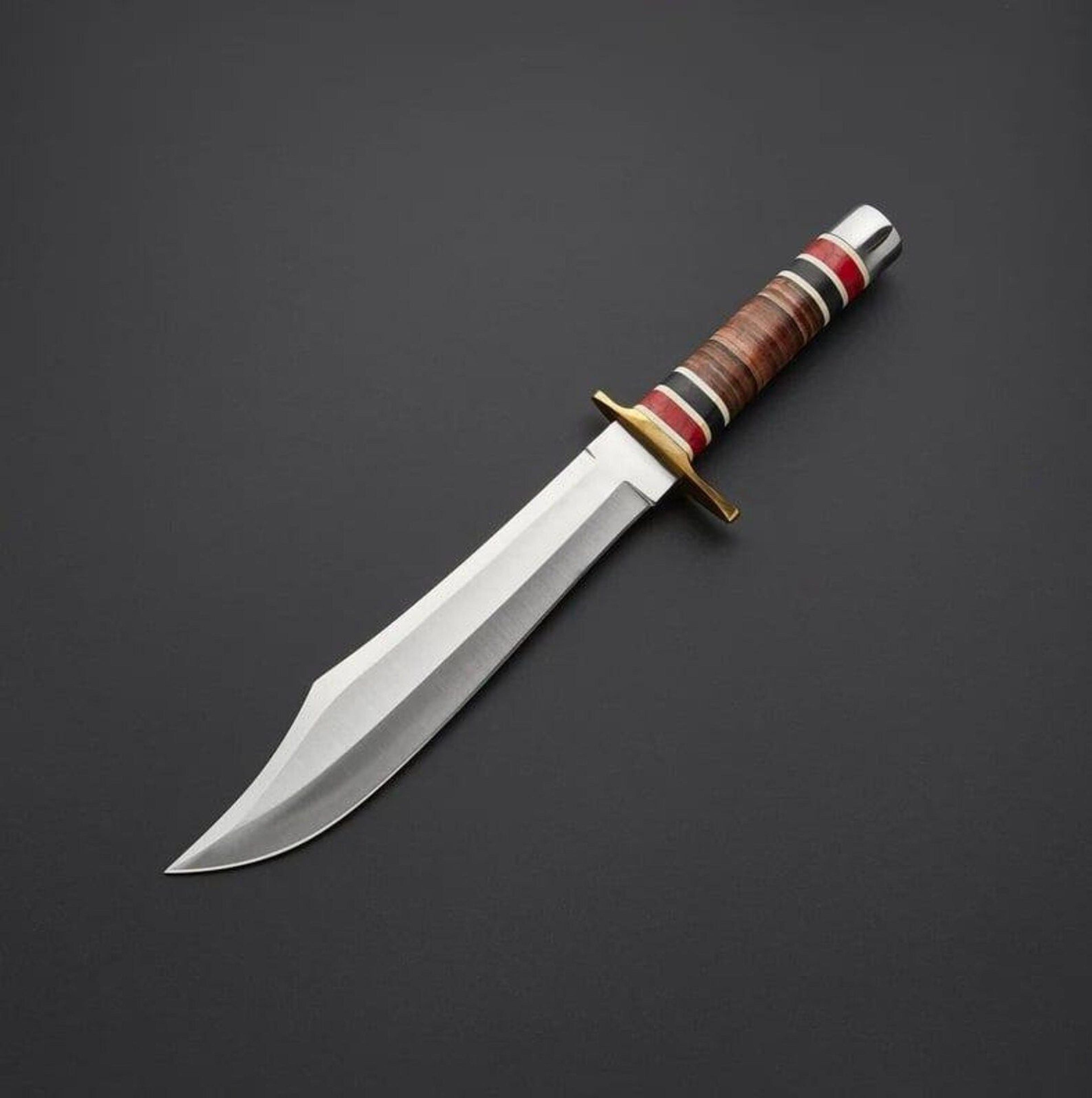 handmade bowie hunting knife – stainless steel fixed blade with stacked leather handle & genuine leather sheath | bf gif