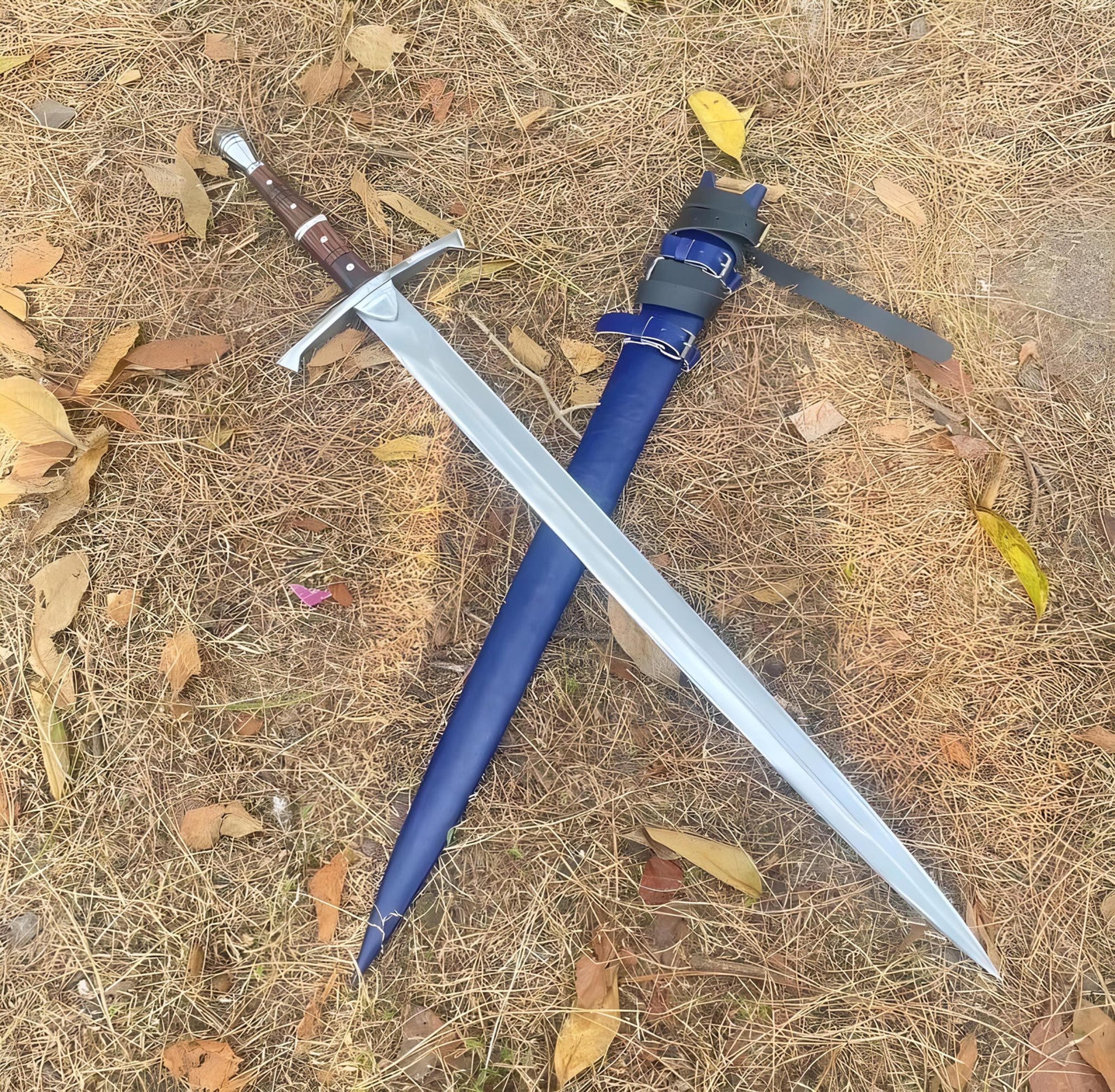handcrafted medieval greatsword with high carbon steel blade, hardwood handle & leather scabbard