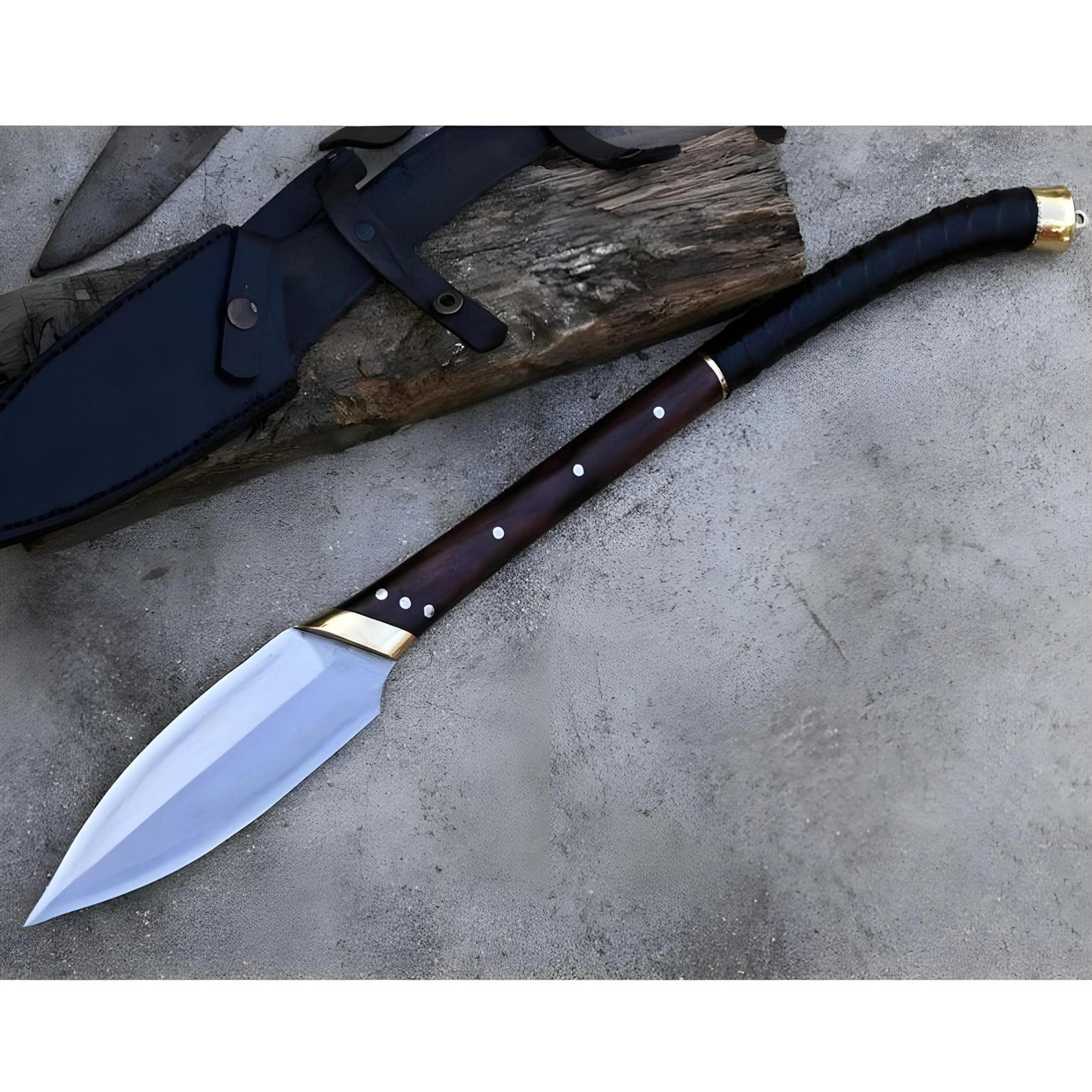artisan handcrafted high carbon steel leaf blade spear with hardwood shaft, leather grip & protective cover