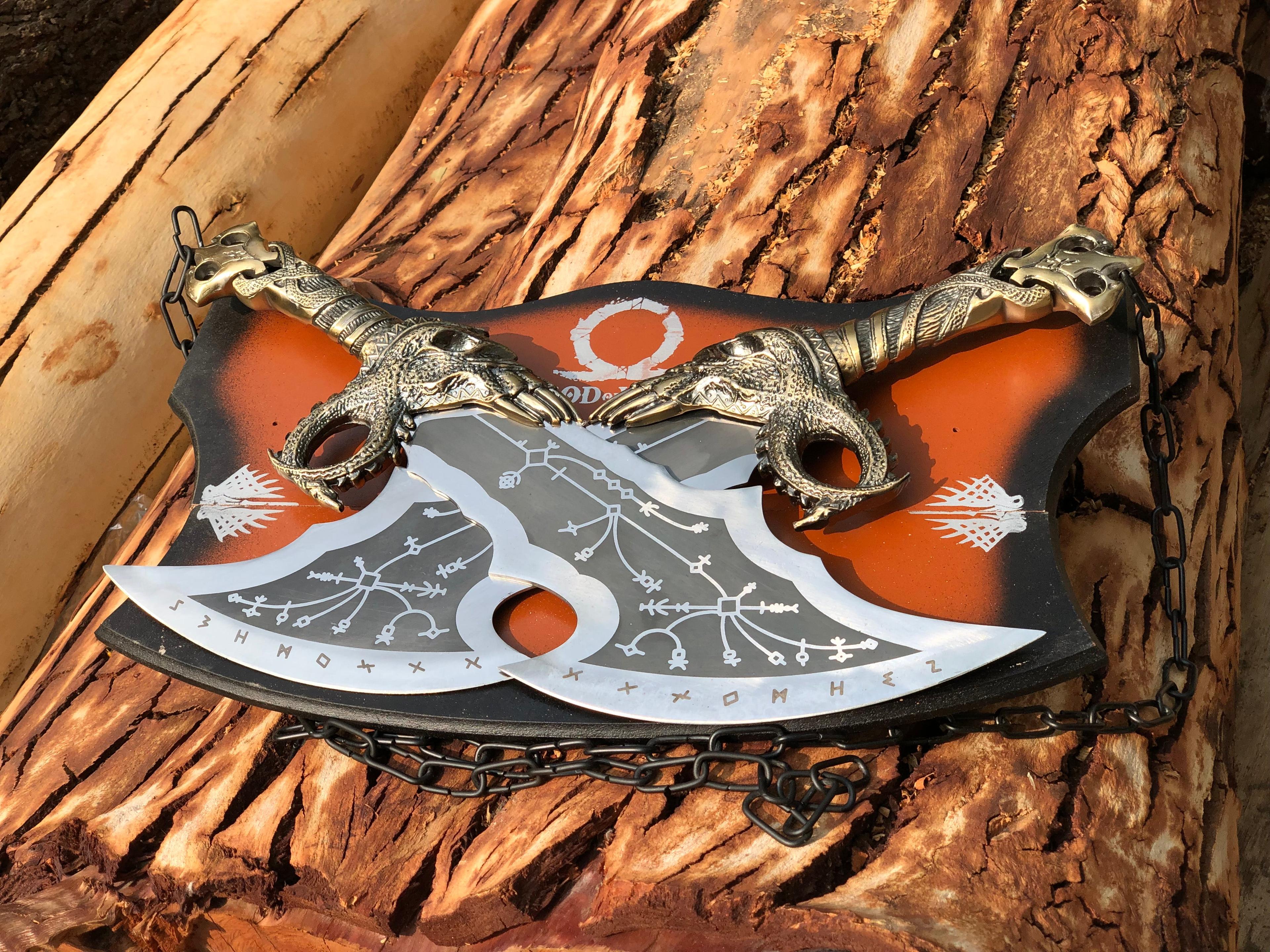 hand forged god of war chaos blades replica twin fantasy axe set with wall display plaque