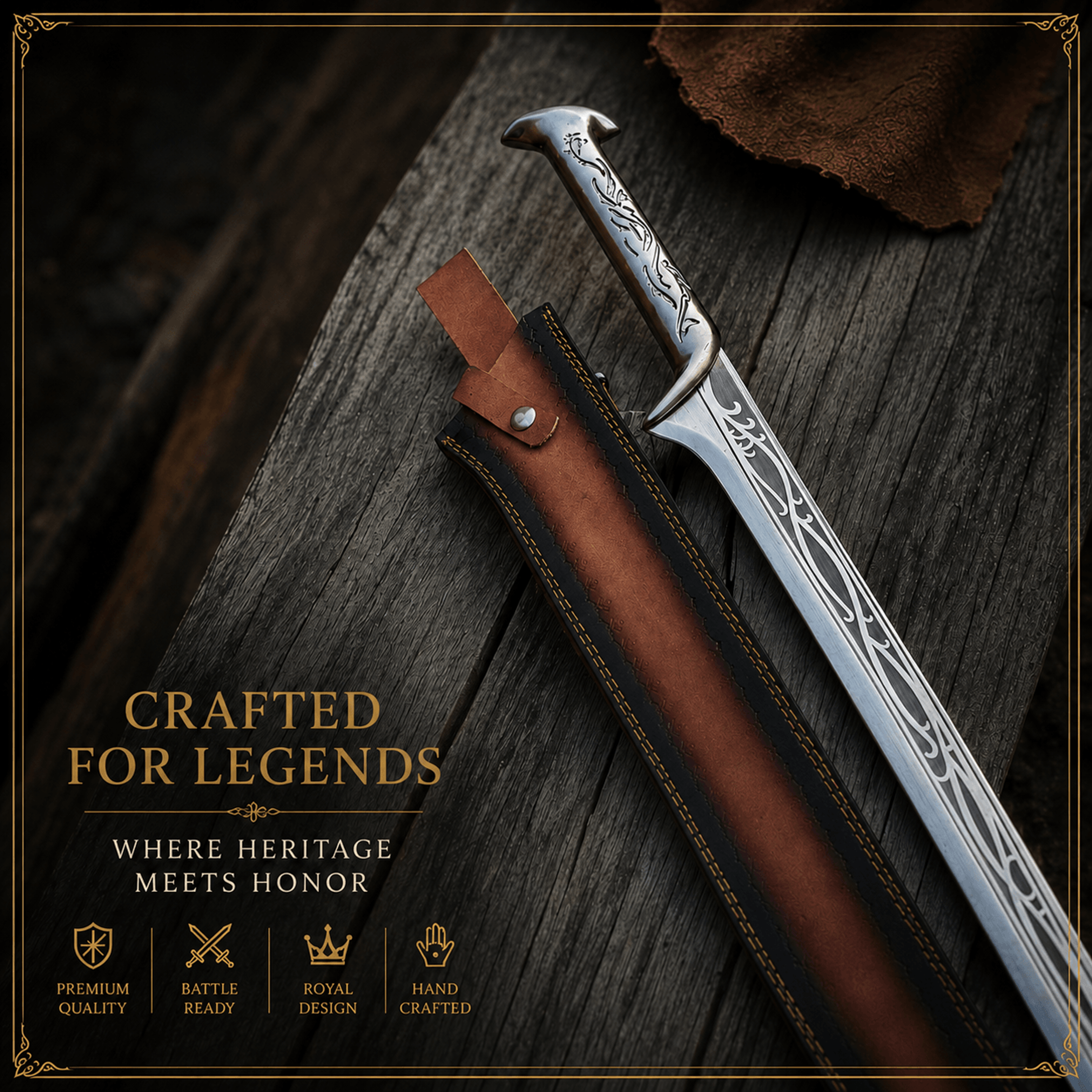 hand forged medieval fantasy sword with stainless steel blade & leather sheath for display, cosplay & collectors