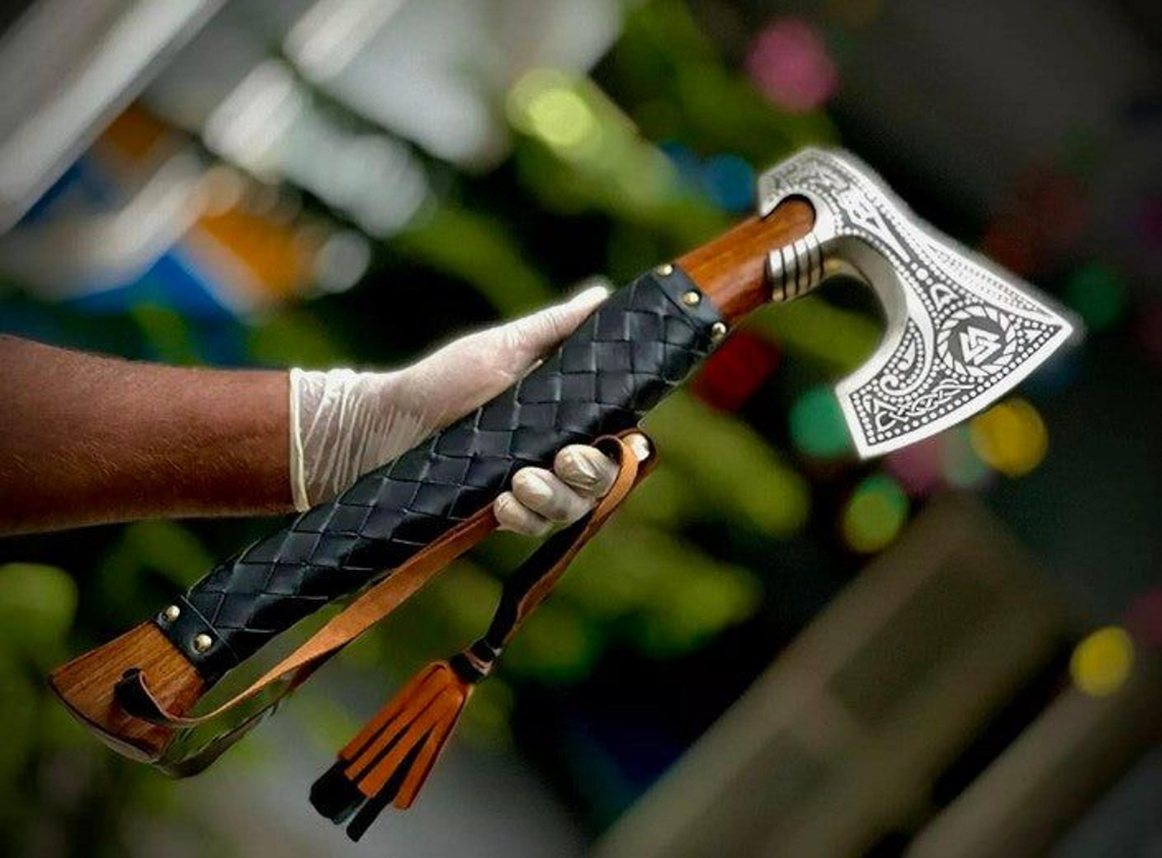 hand forged viking bearded axe with engraved stainless steel head & leather wrapped handle for display & collectors