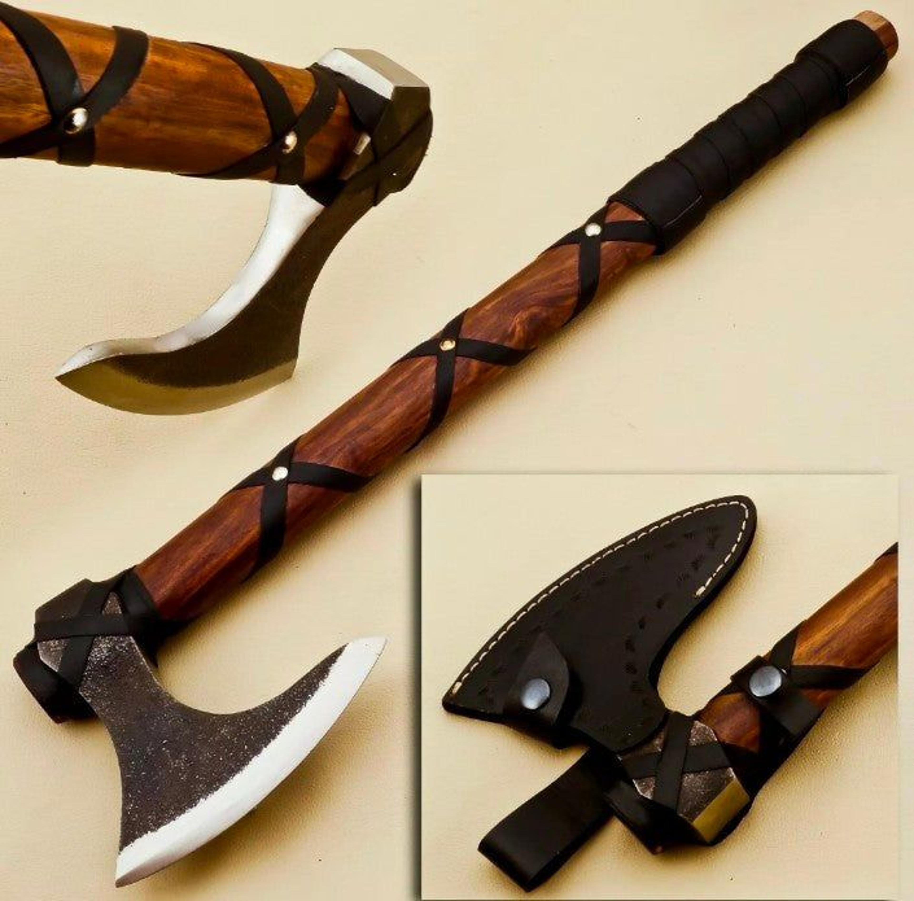 hand forged viking bearded axe with carbon steel blade, rosewood handle & leather sheath for camping, bushcraft & collec