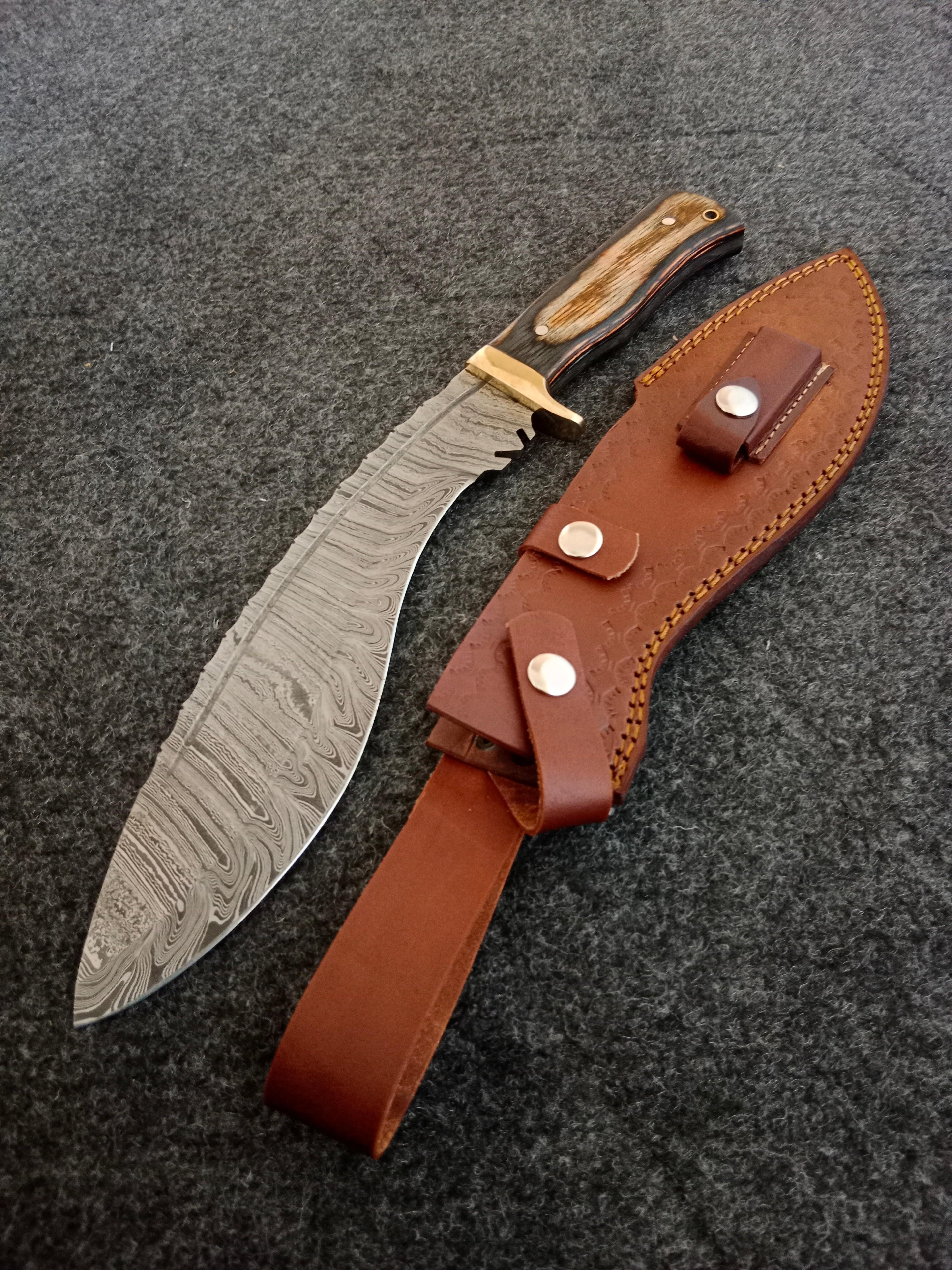 forged damascus hunting knife with rosewood handle & genuine leather sheath for camping, bushcraft & collectors