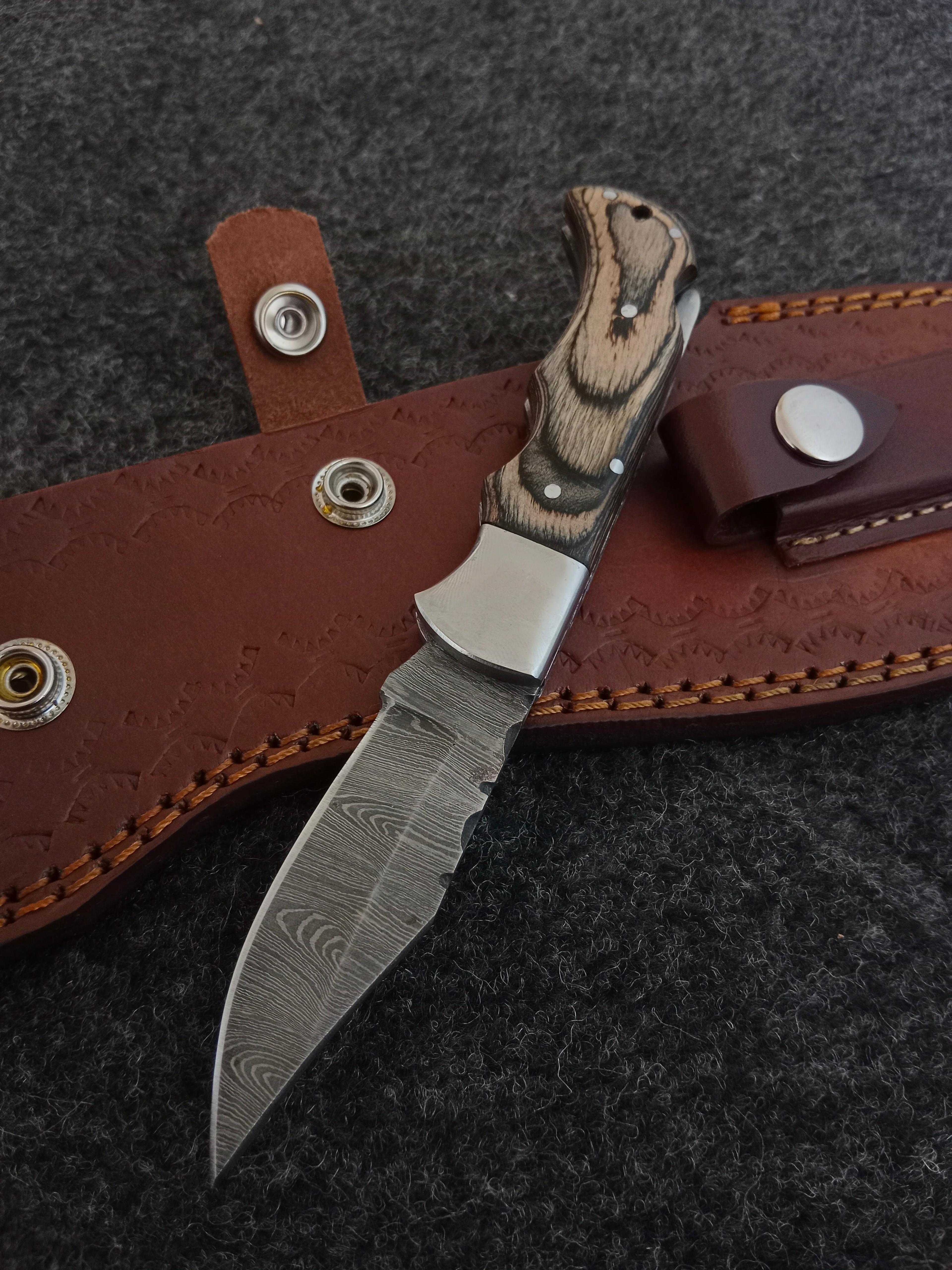hand forged damascus folding hunting knife with wooden handle & genuine leather belt sheath for camping, edc & collector