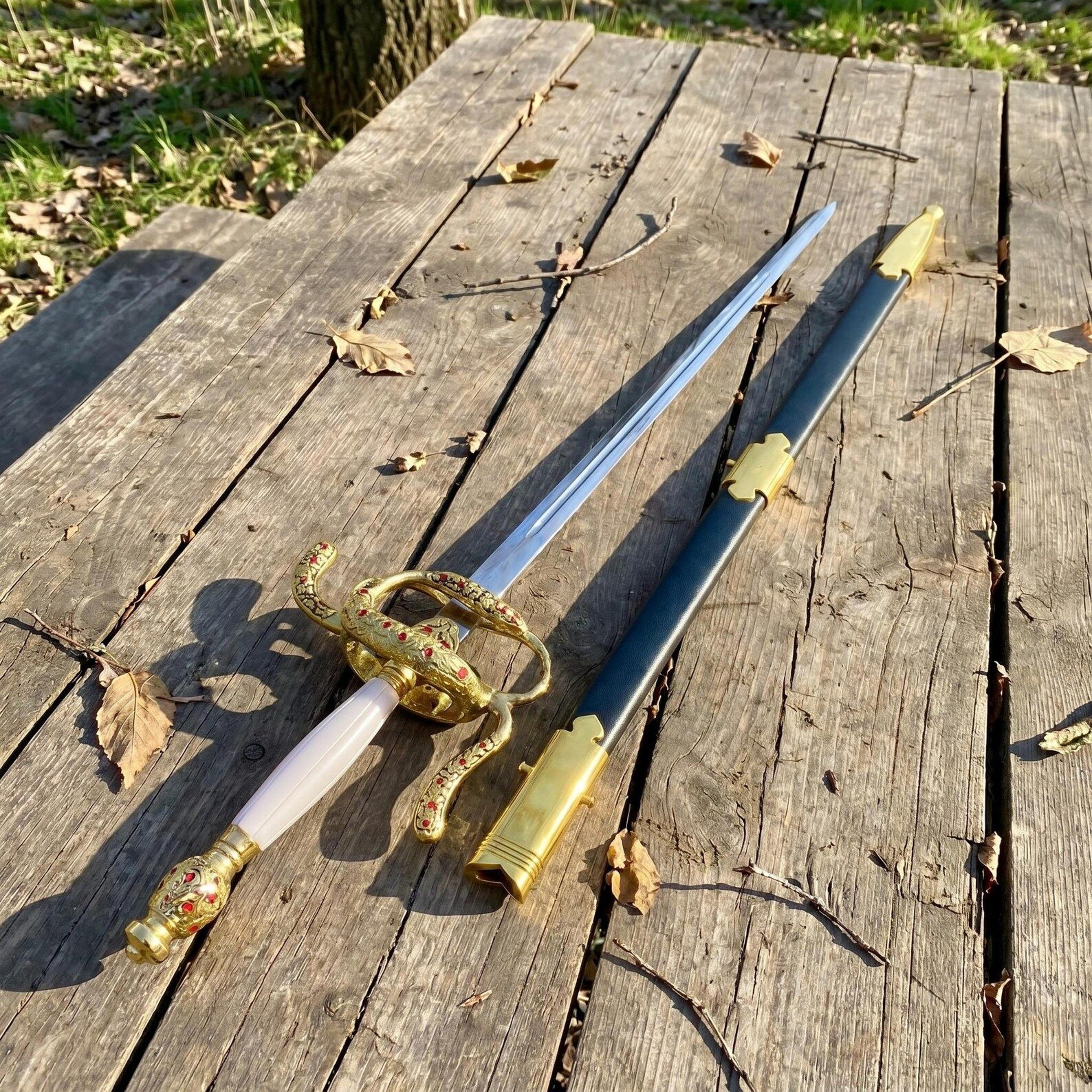 stainless steel longsword with gold snake hilt – toledo inspired medieval display sword for collectors & cosplay