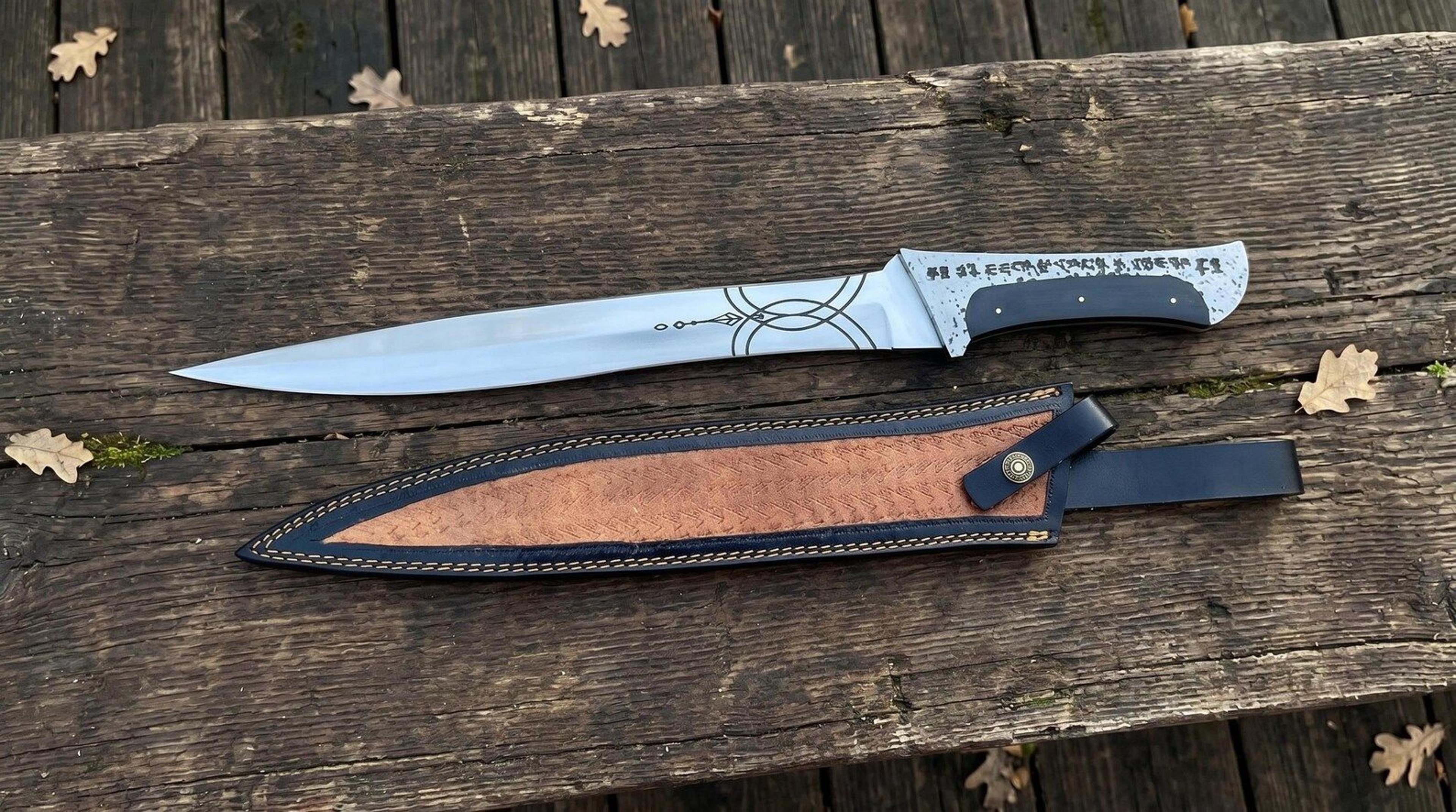 ranger's oath long knife – handmade stainless steel fantasy blade with leather belt sheath