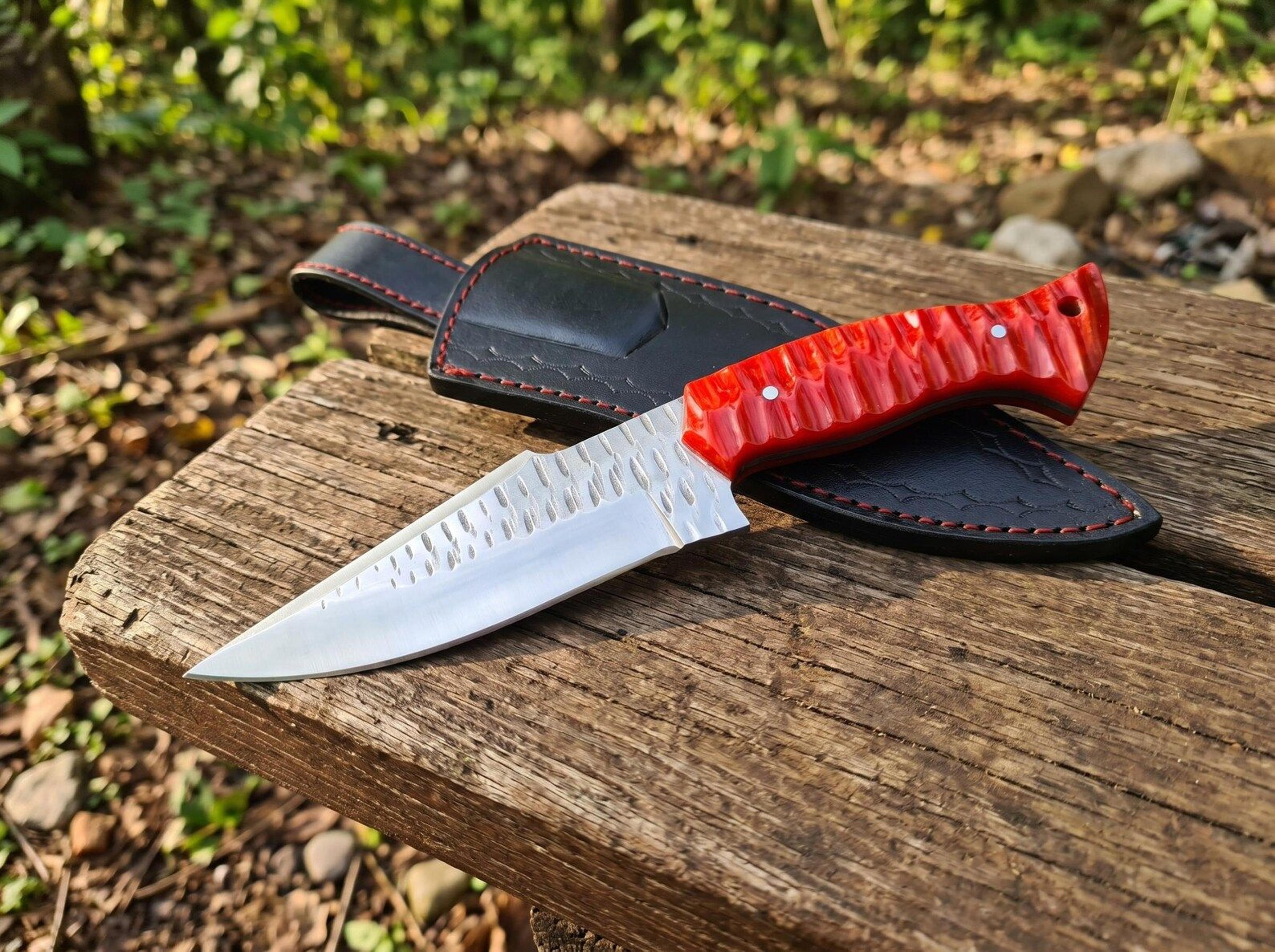 crimson ridge chef knife – handmade stainless steel kitchen knife with ergonomic red resin handle & leather sheath