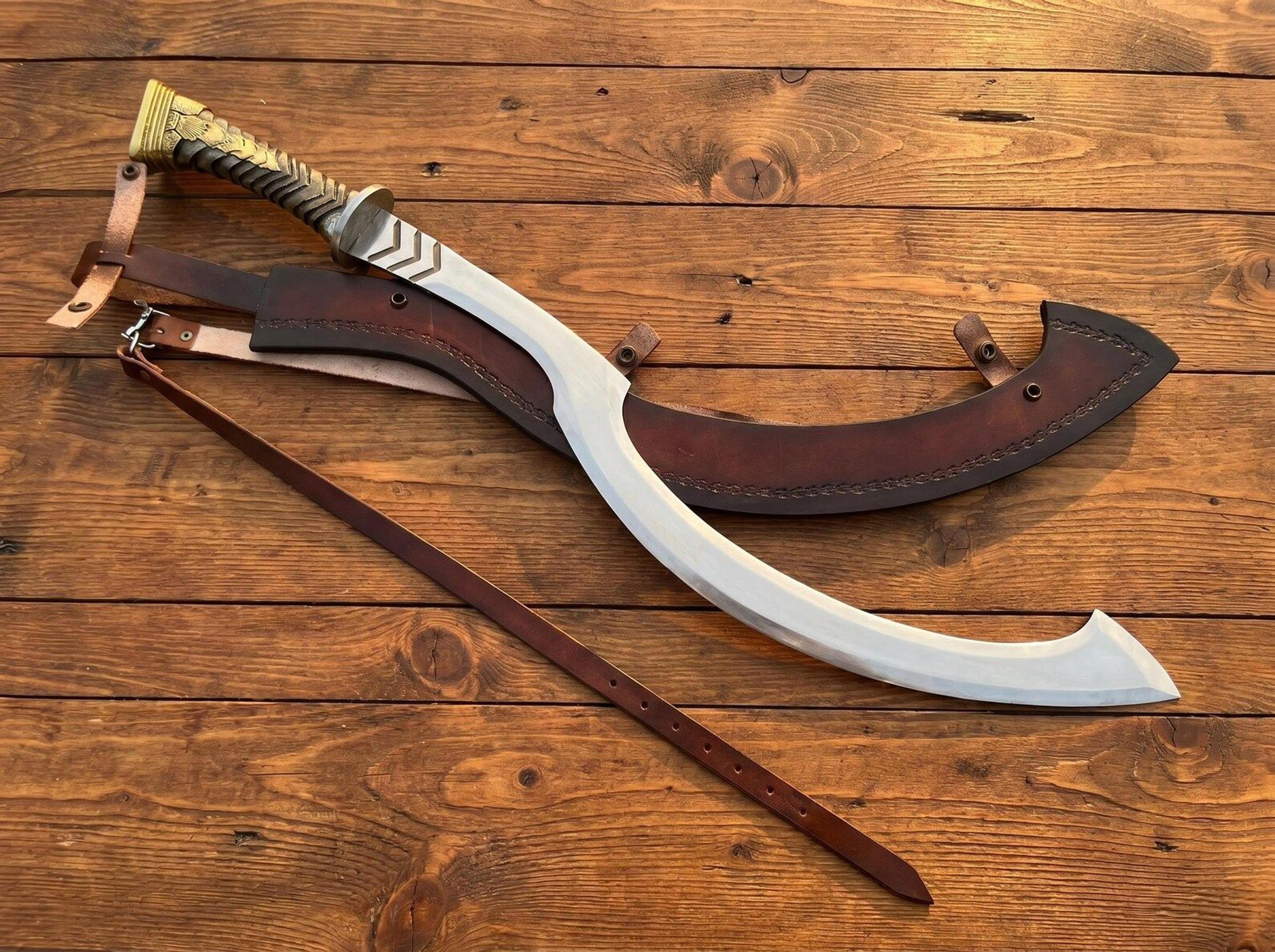 handmade fantasy scimitar sword – curved stainless steel blade with leather sheath | medieval warrior replica | collecto