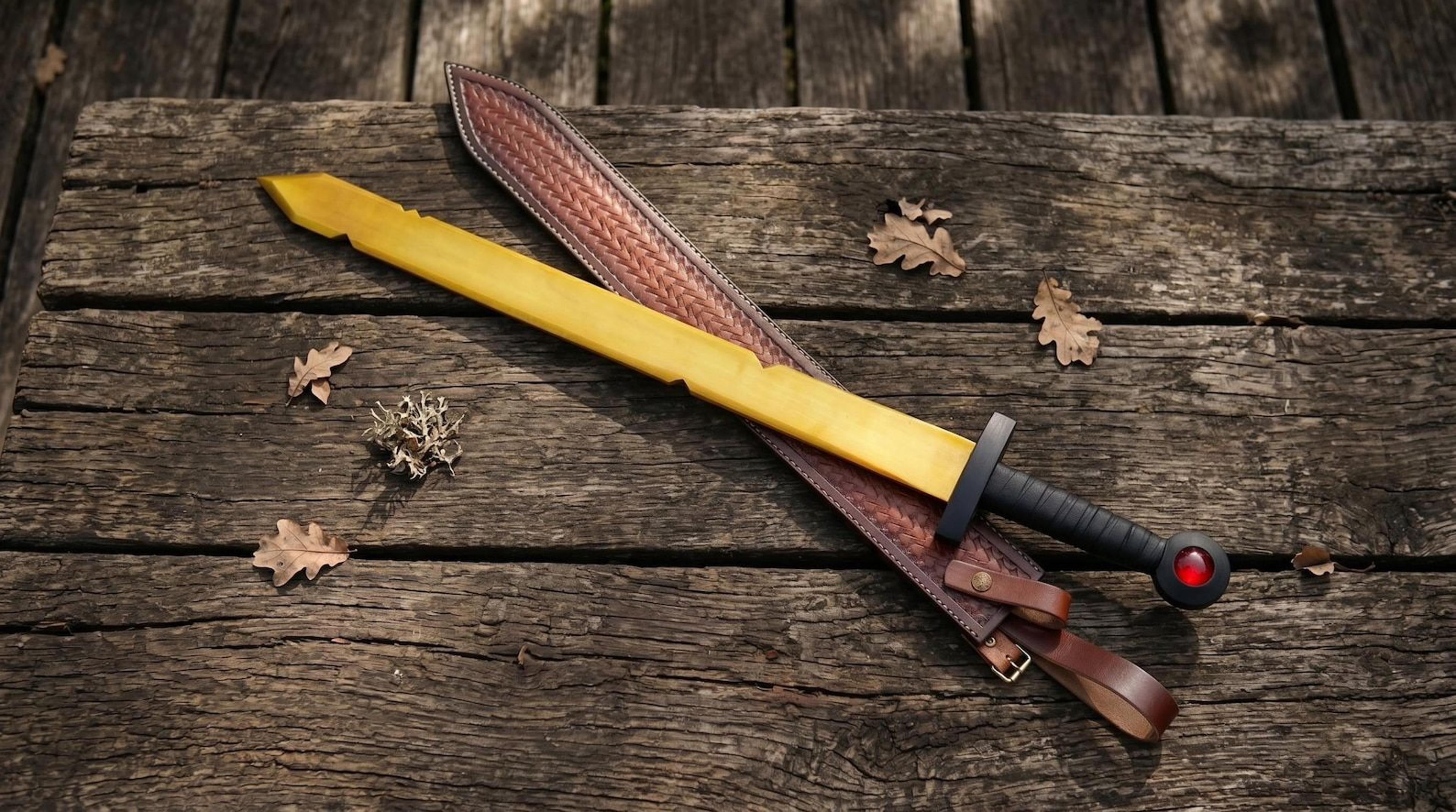 handmade fantasy golden sword with leather sheath | hero adventure replica sword | stainless steel display blade