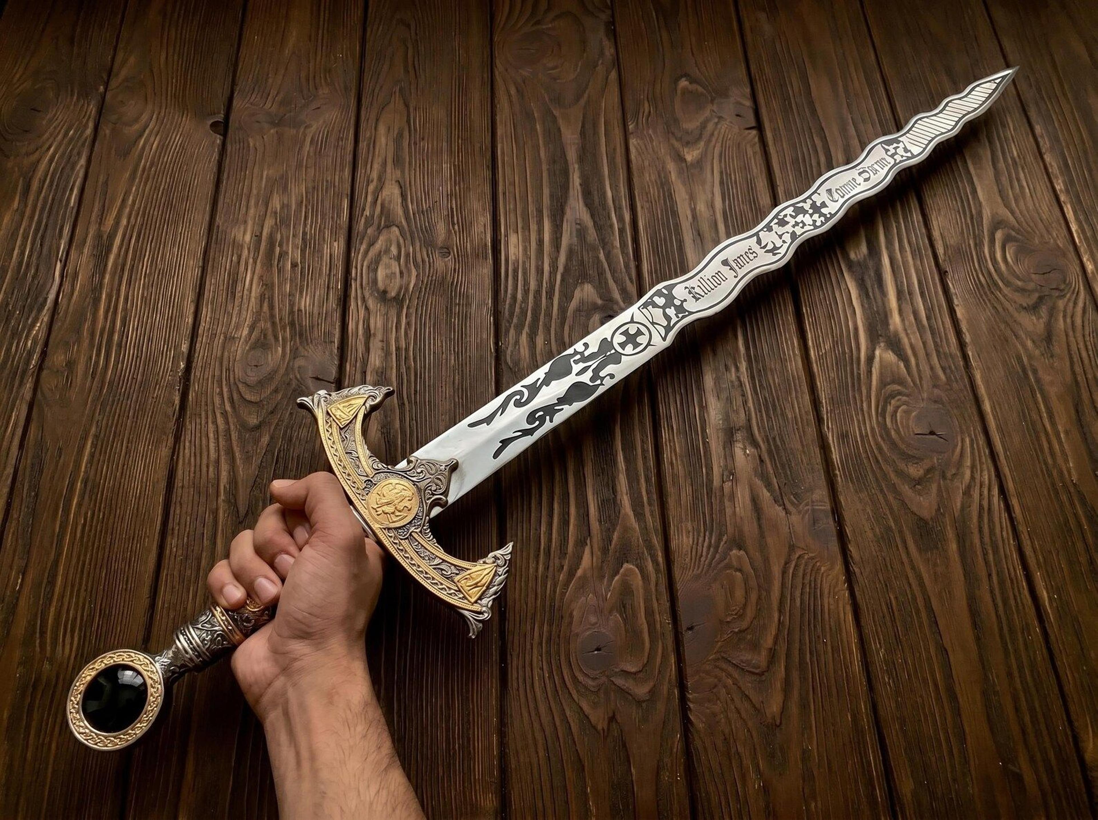 sacred rune fantasy sword replica | ornate medieval long sword with engraved stainless steel blade & leather scabbard
