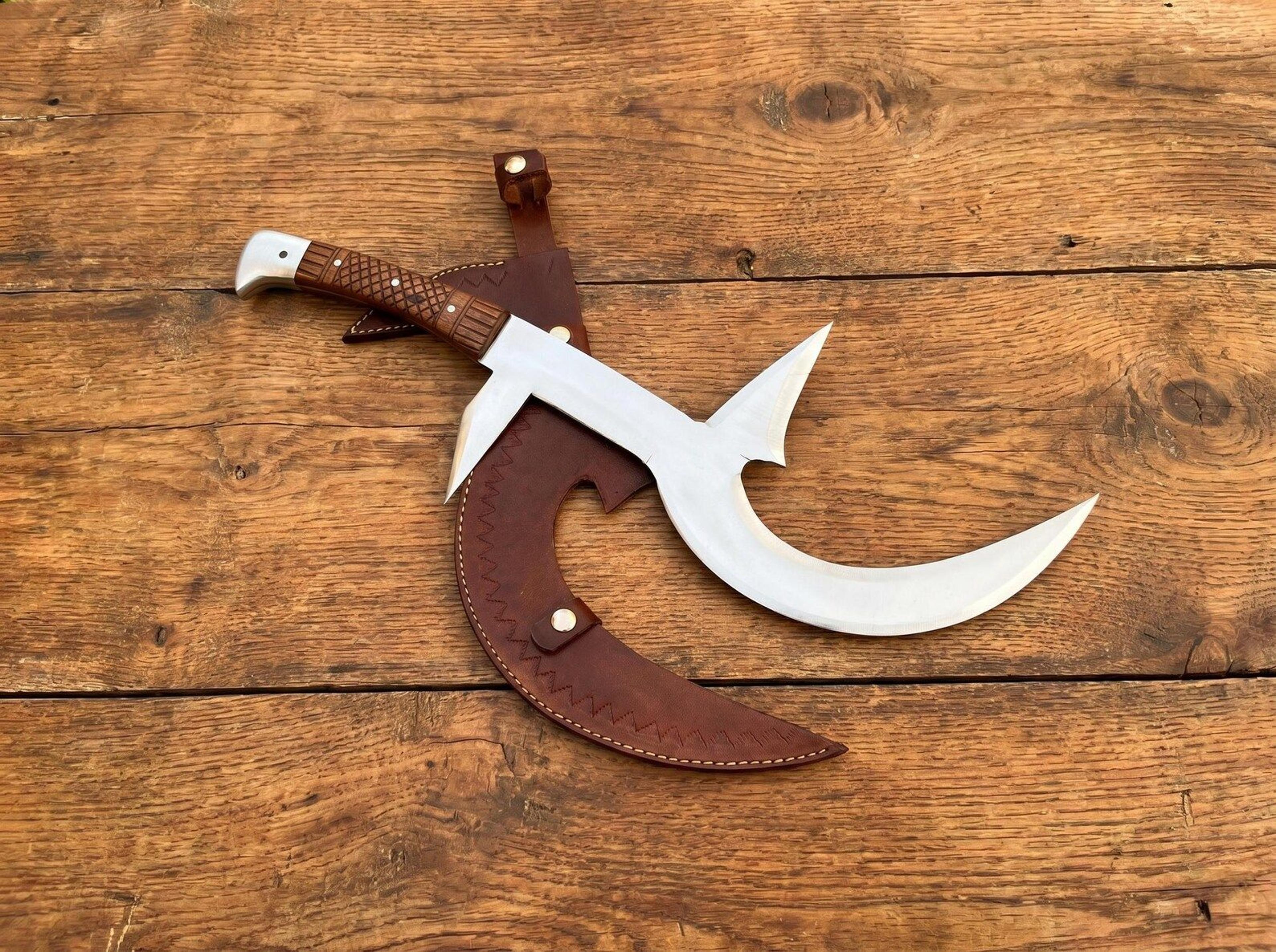 handmade twin crescent fantasy axe | 40 inch stainless steel double blade battle axe with leather sheath | medieval coll