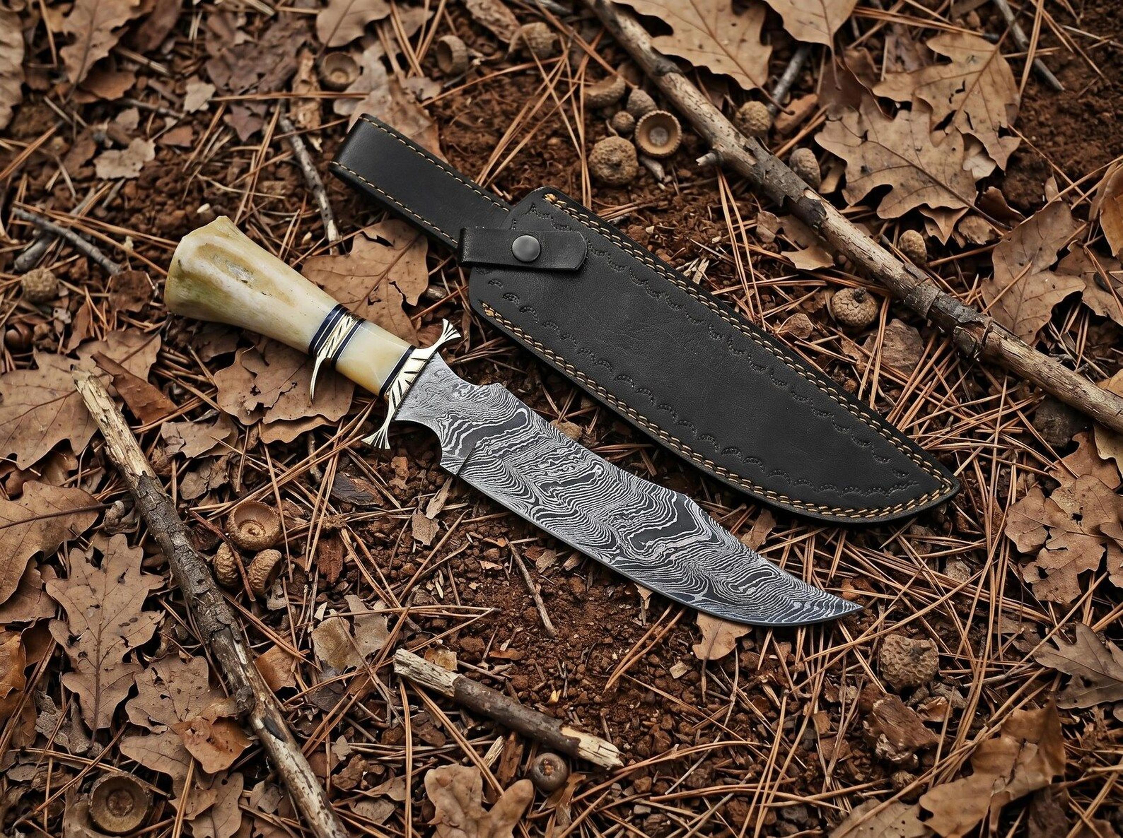 handmade damascus hunting knife | 14 inch fixed blade with bone handle & leather sheath | outdoor camping knife | collec