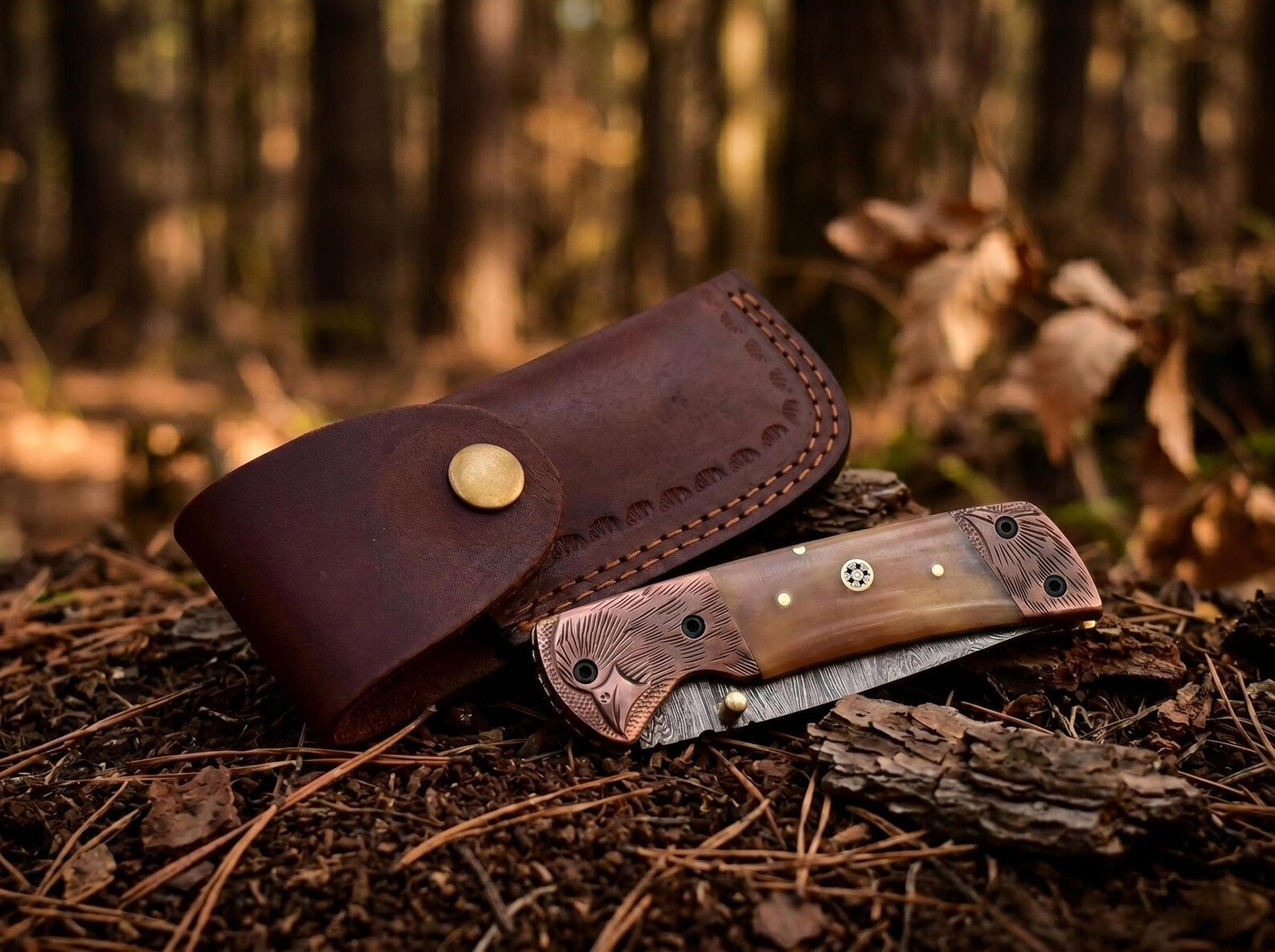 handmade damascus steel folding pocket knife | ram horn handle edc knife with leather sheath | custom hunting gift