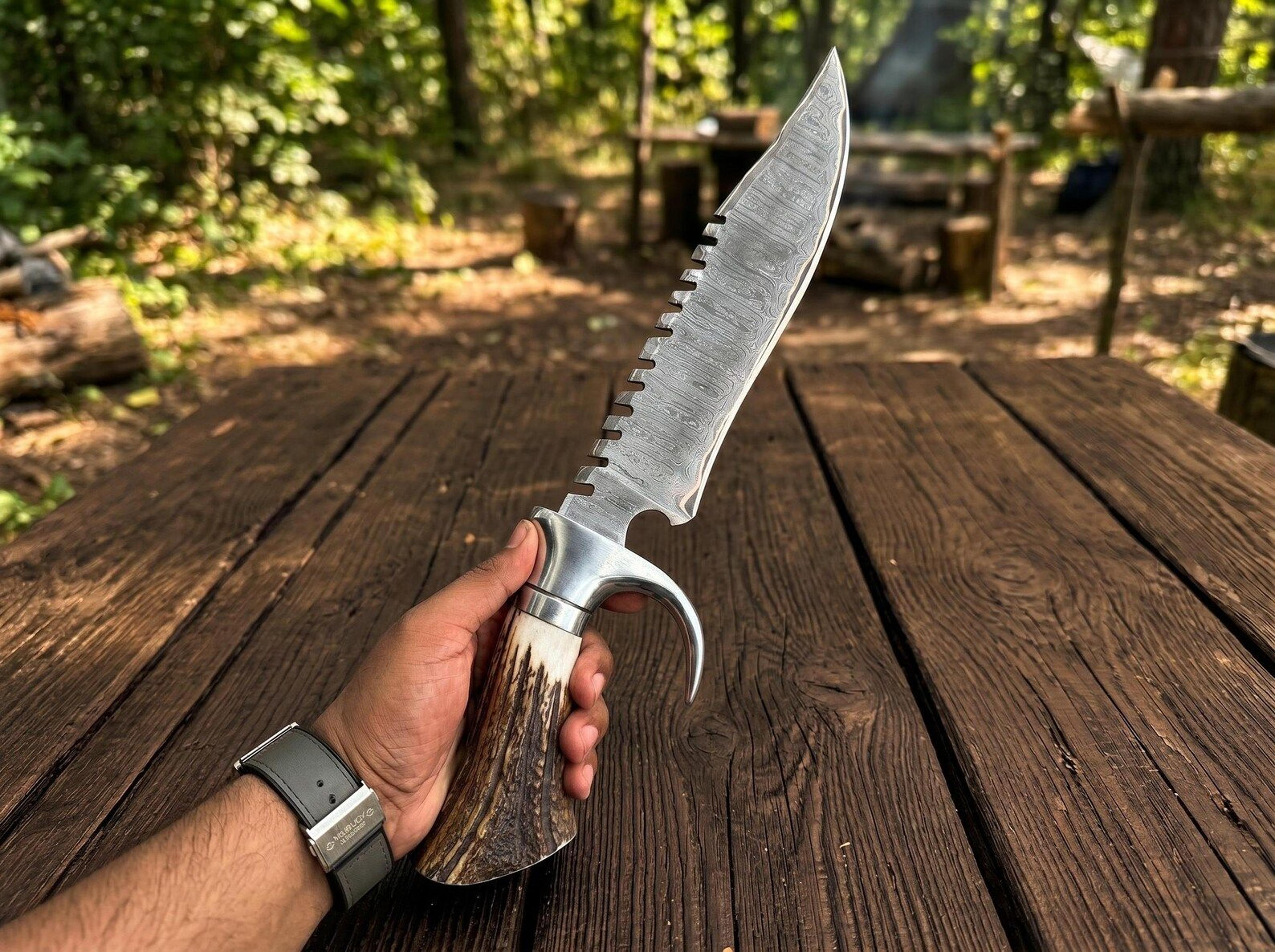 handmade damascus bowie knife | stag antler handle hunting knife with leather sheath | custom fixed blade collector gift