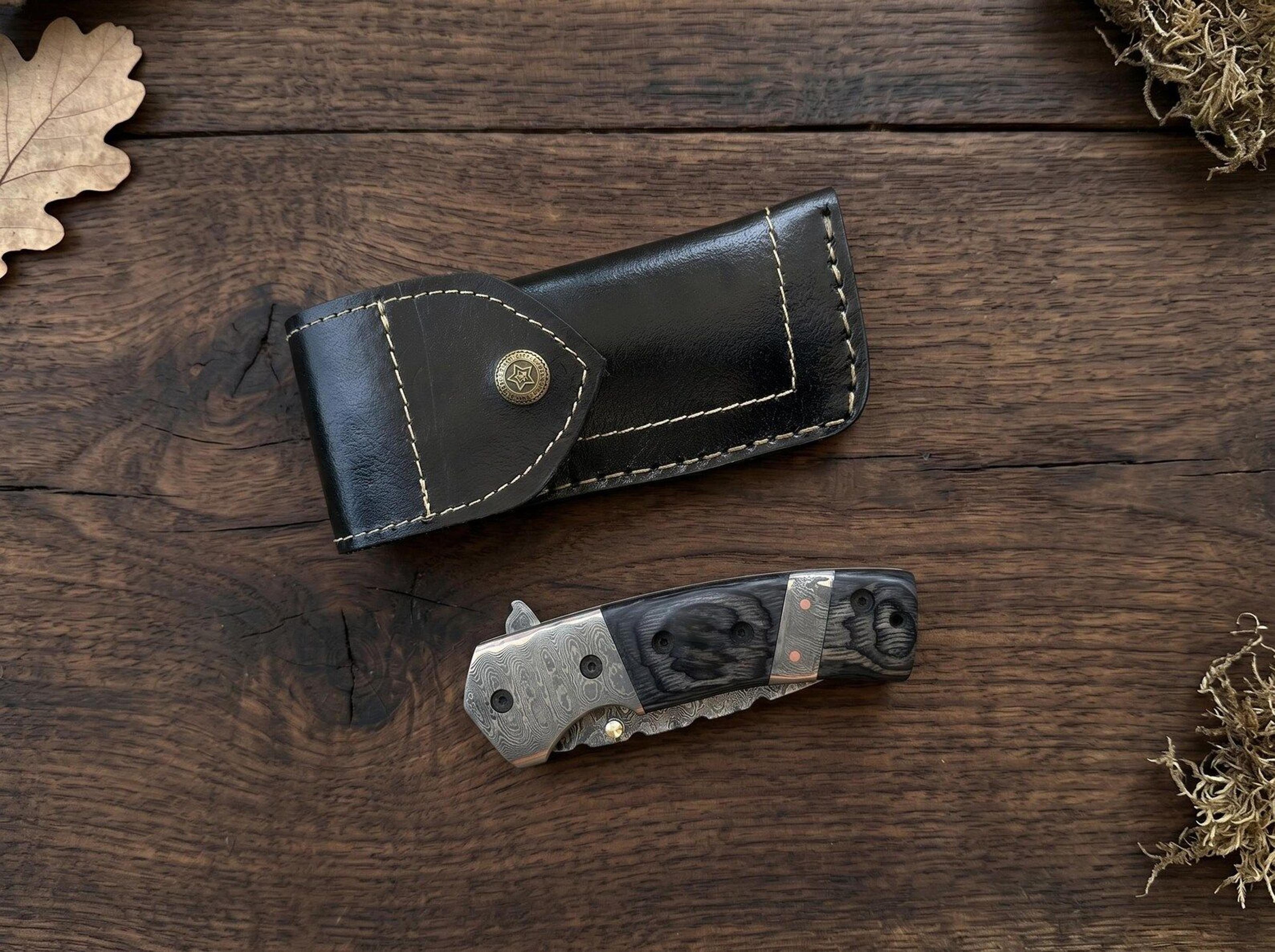 damascus folding pocket knife | copper layer damascus blade with resin wood handle | custom edc knife & leather