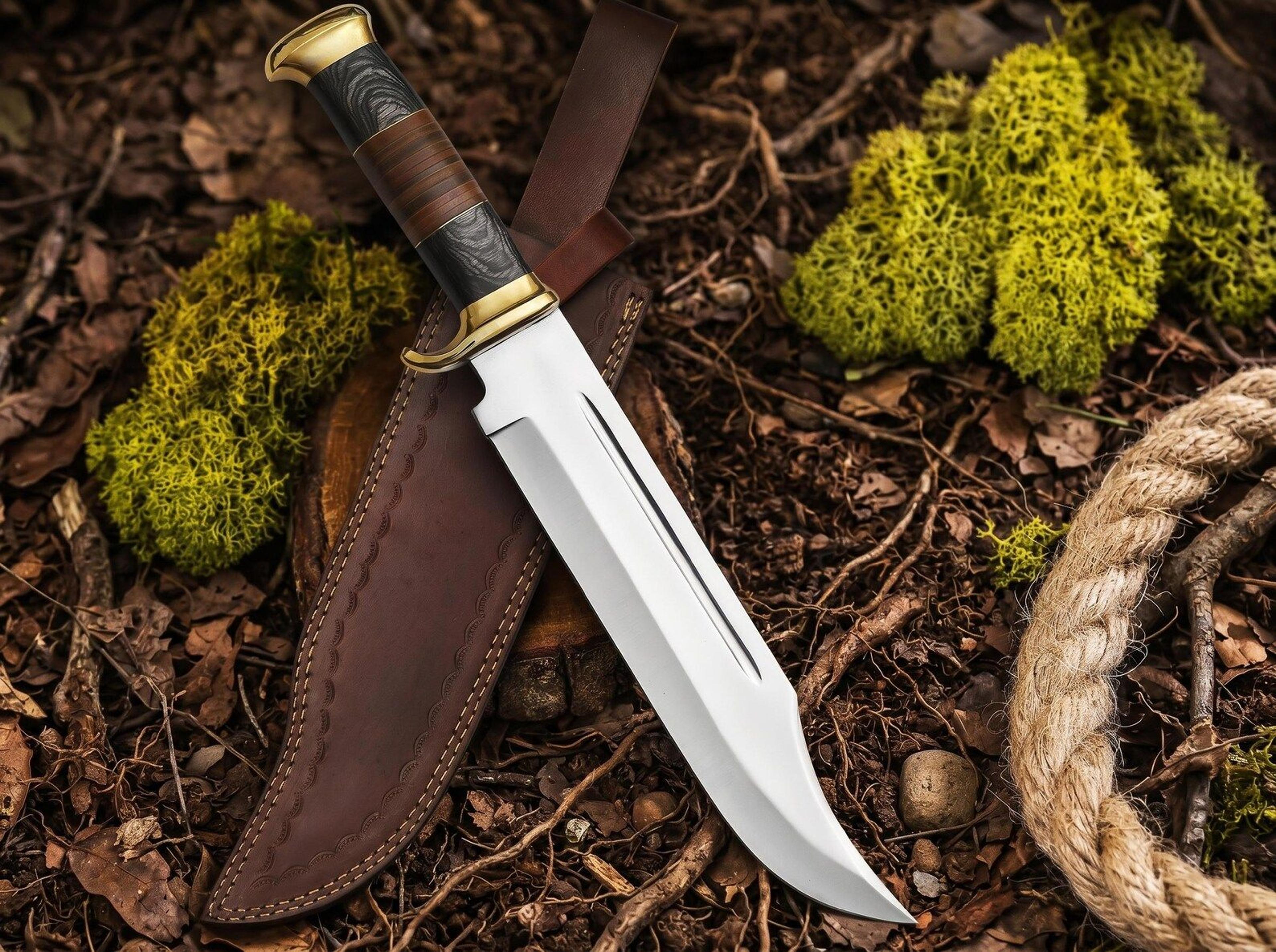 handmade bowie hunting knife | stainless steel clip point fixed blade with leather handle & sheath | custom survival gif