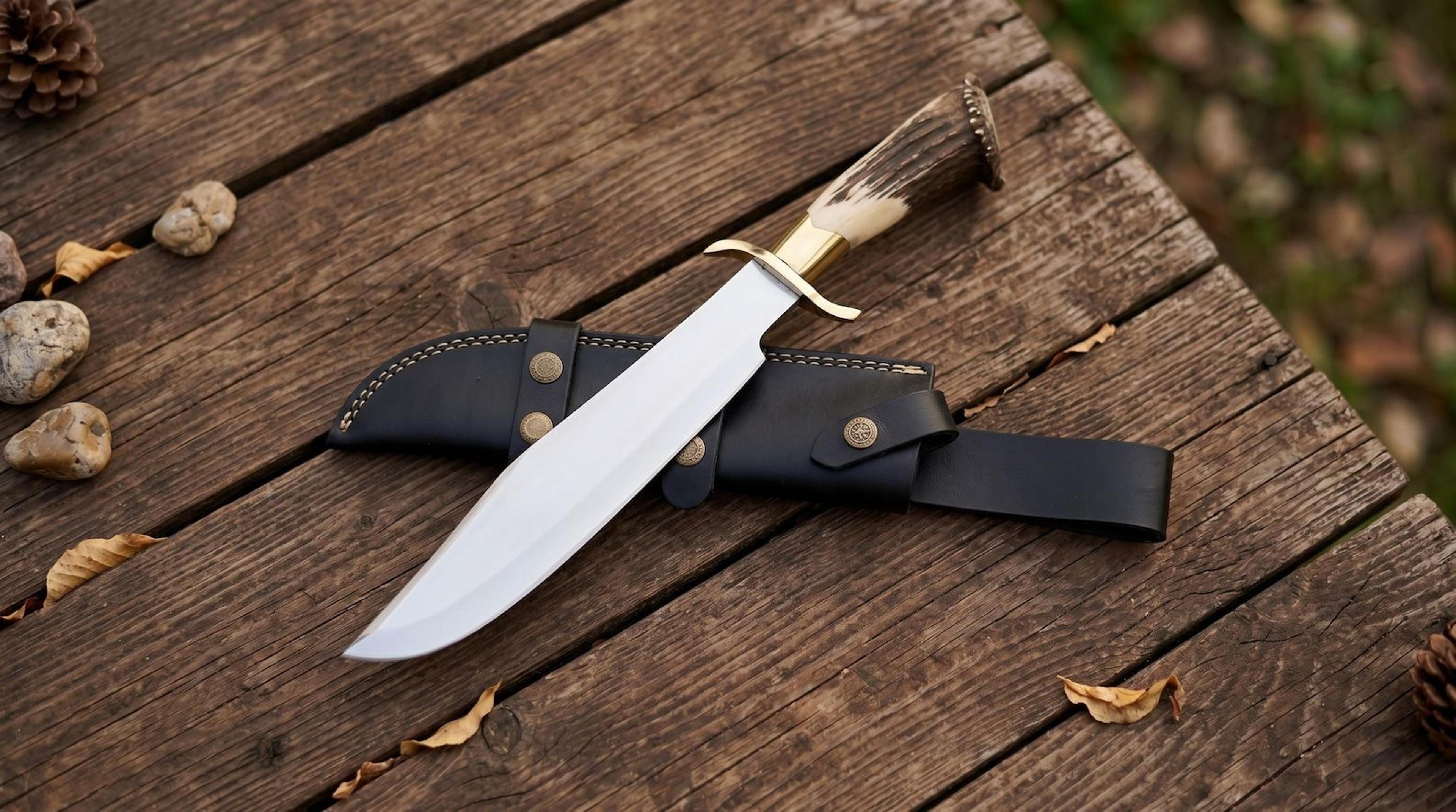 handmade bowie hunting knife | 12 inch stainless steel blade with stag antler handle | custom fixed blade knife with lea