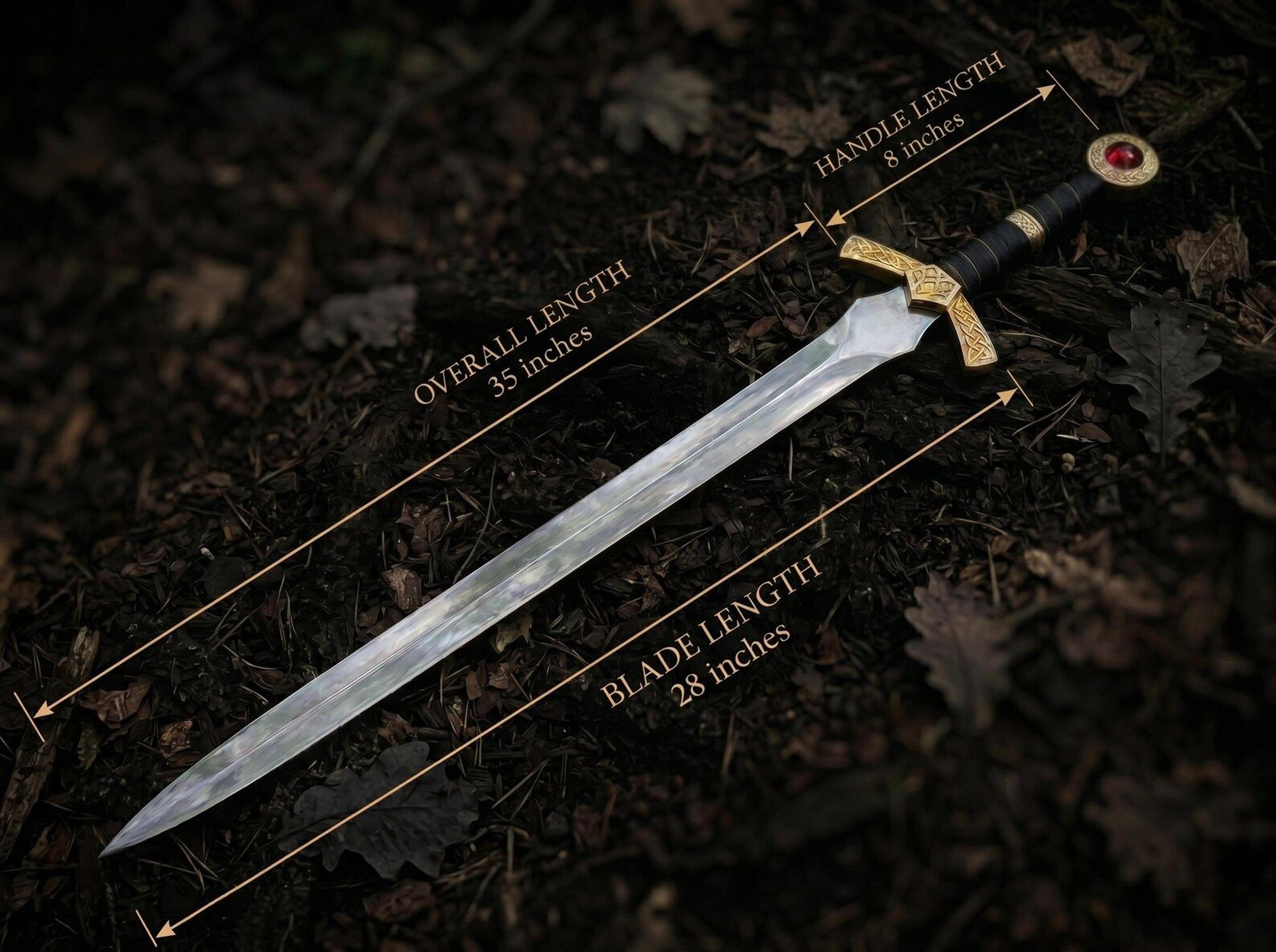 fantasy long sword | 35 inch stainless steel replica sword with gold crossguard & leather scabbard | cosplay gift