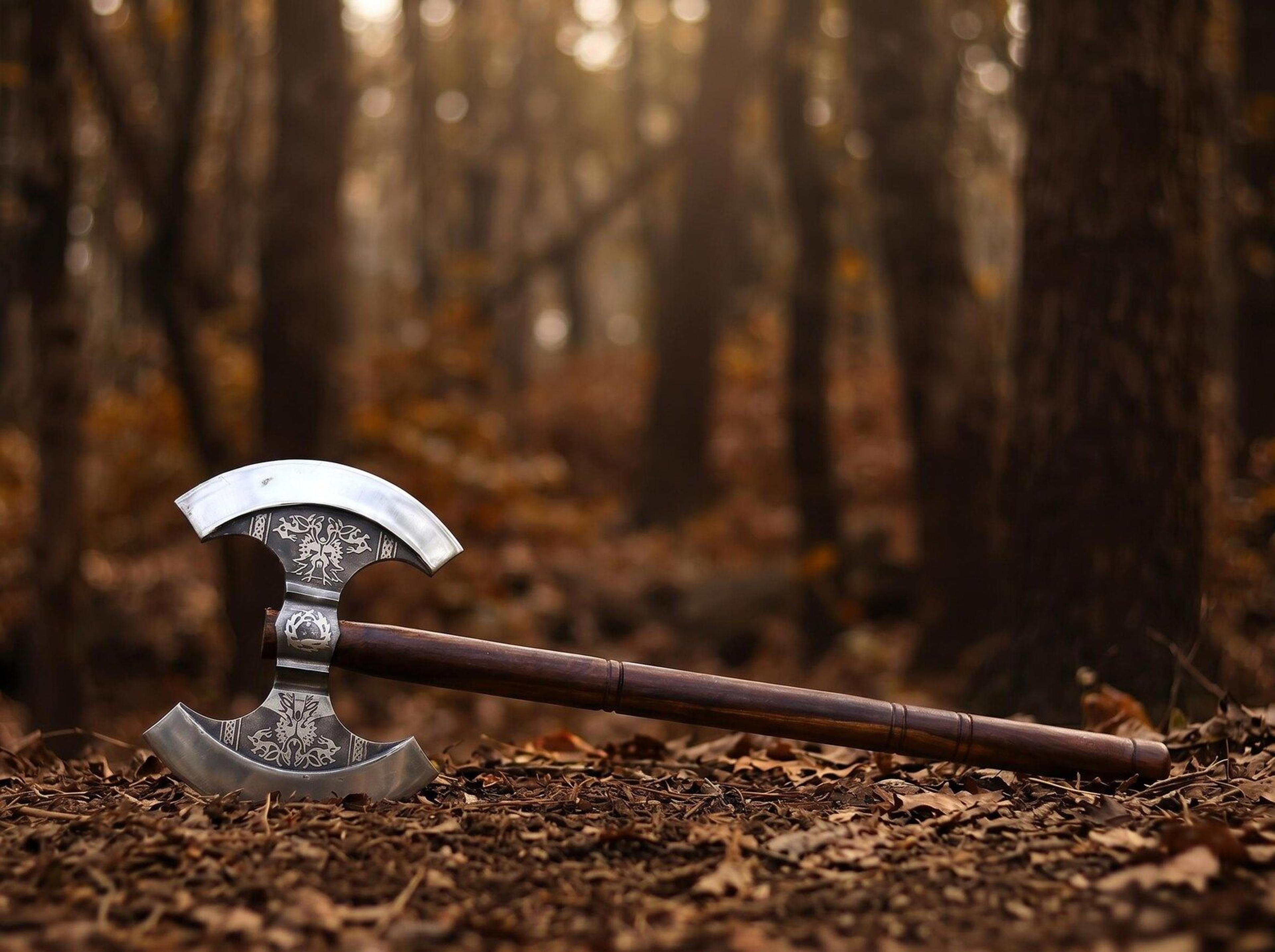 handmade viking double head axe | 24 inch stainless steel battle axe with hardwood handle & leather blade covers | norse
