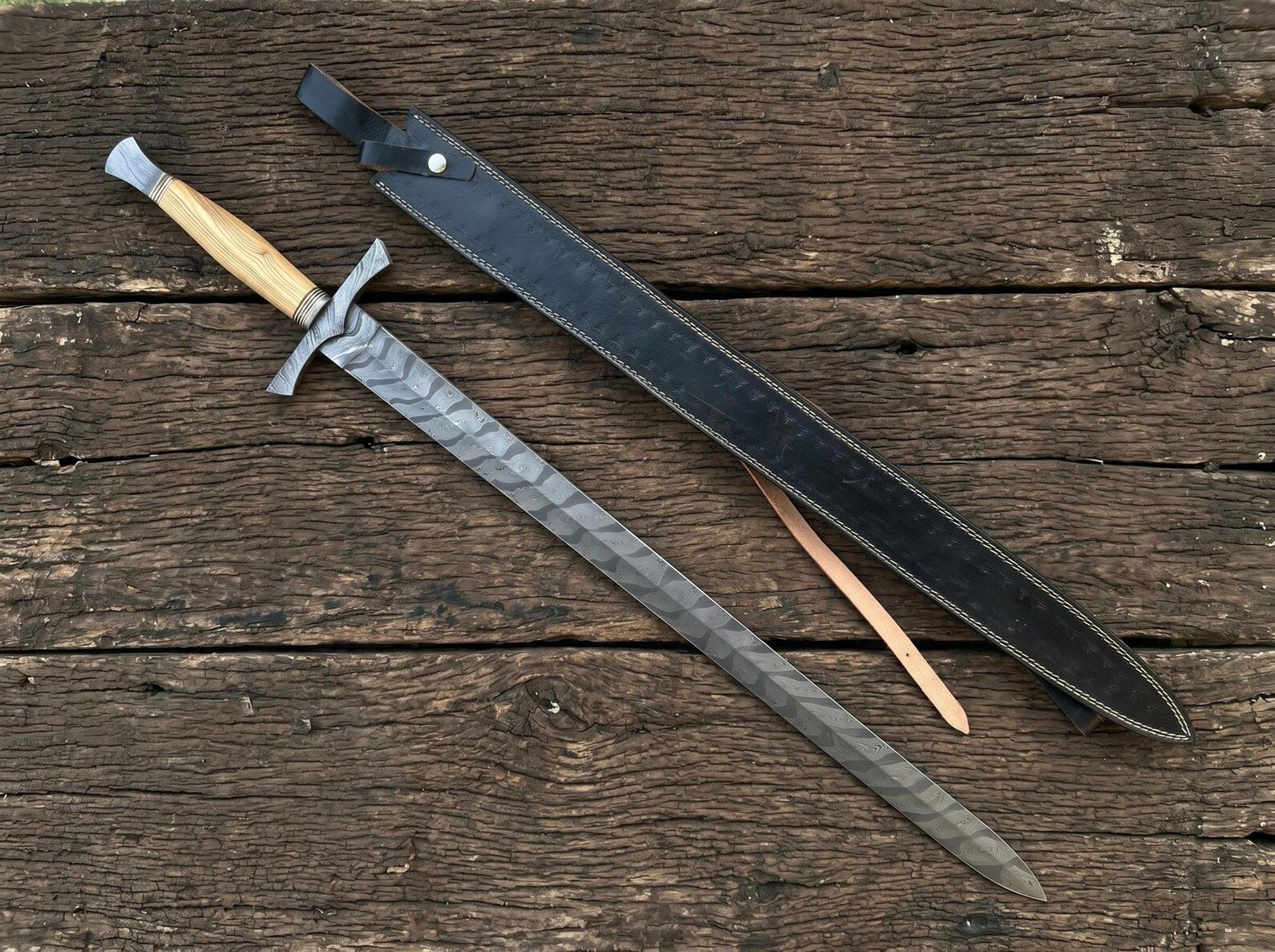 hand forged pattern steel longsword | 40 inch medieval sword with ash wood handle & leather scabbard | knight collector