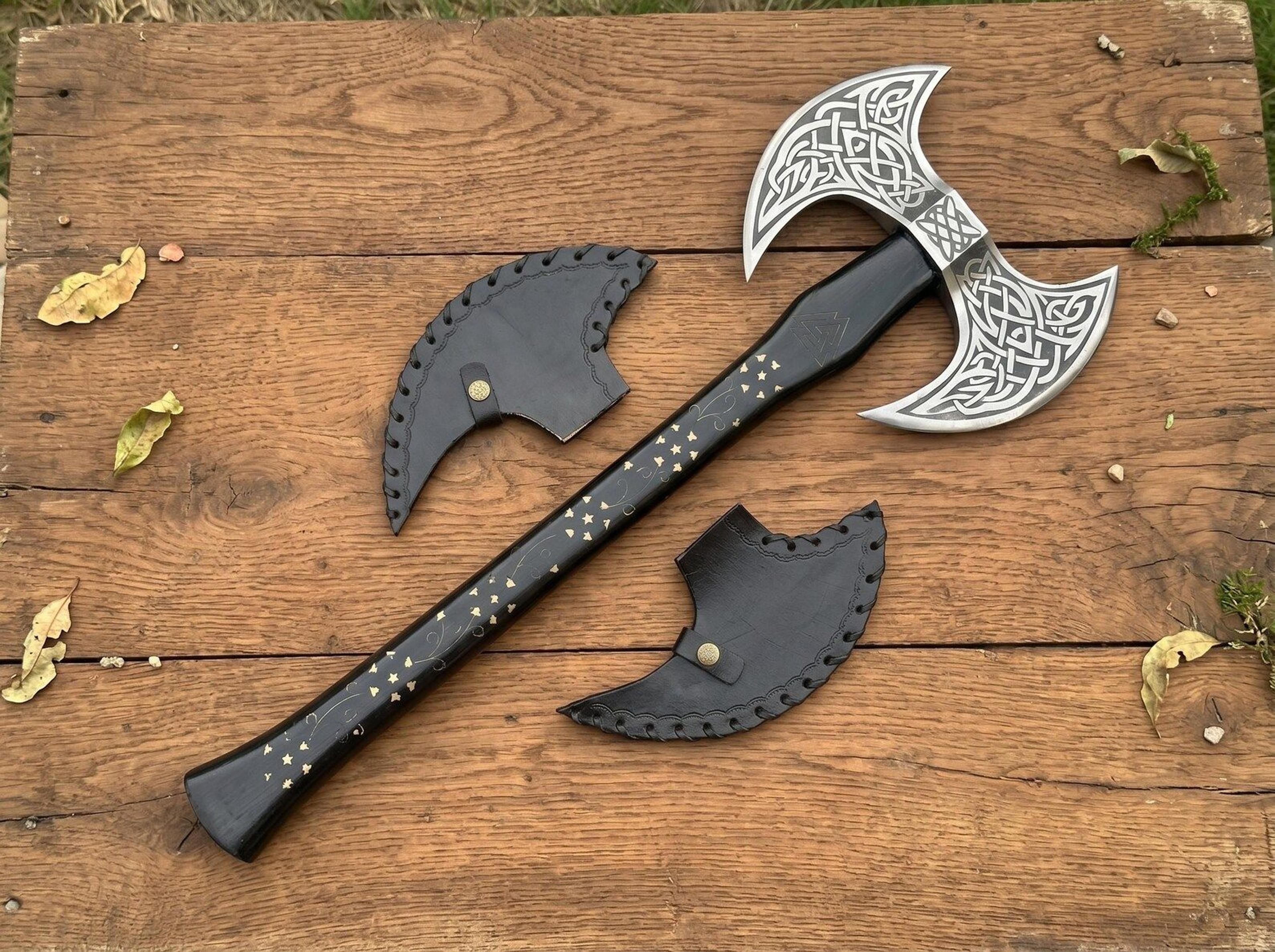 handmade viking double head battle axe | 24 inch stainless steel norse axe with hardwood handle & leather blade