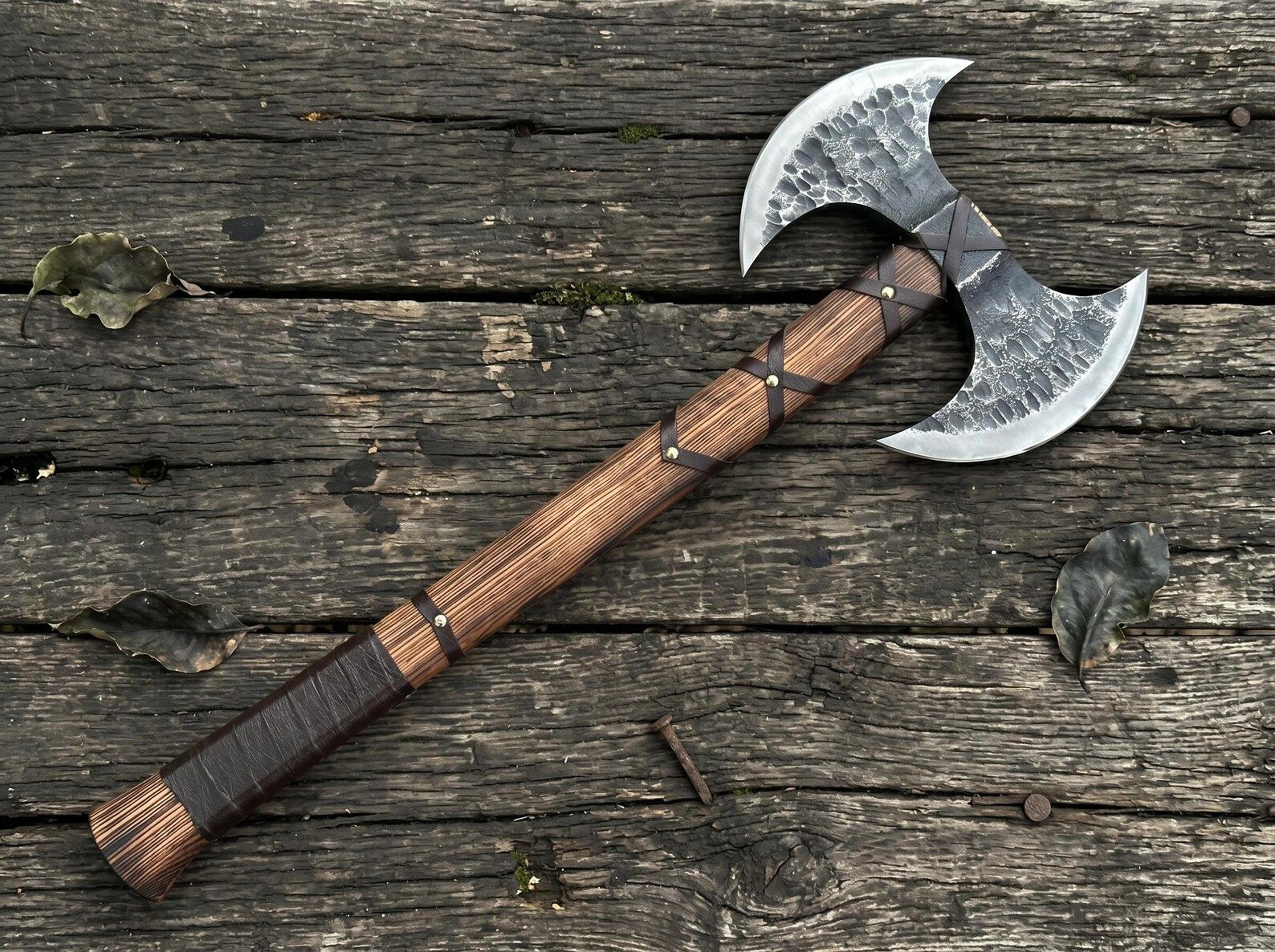 handmade viking double head battle axe | 24 inch hand forged bearded axe with hardwood handle & leather blade