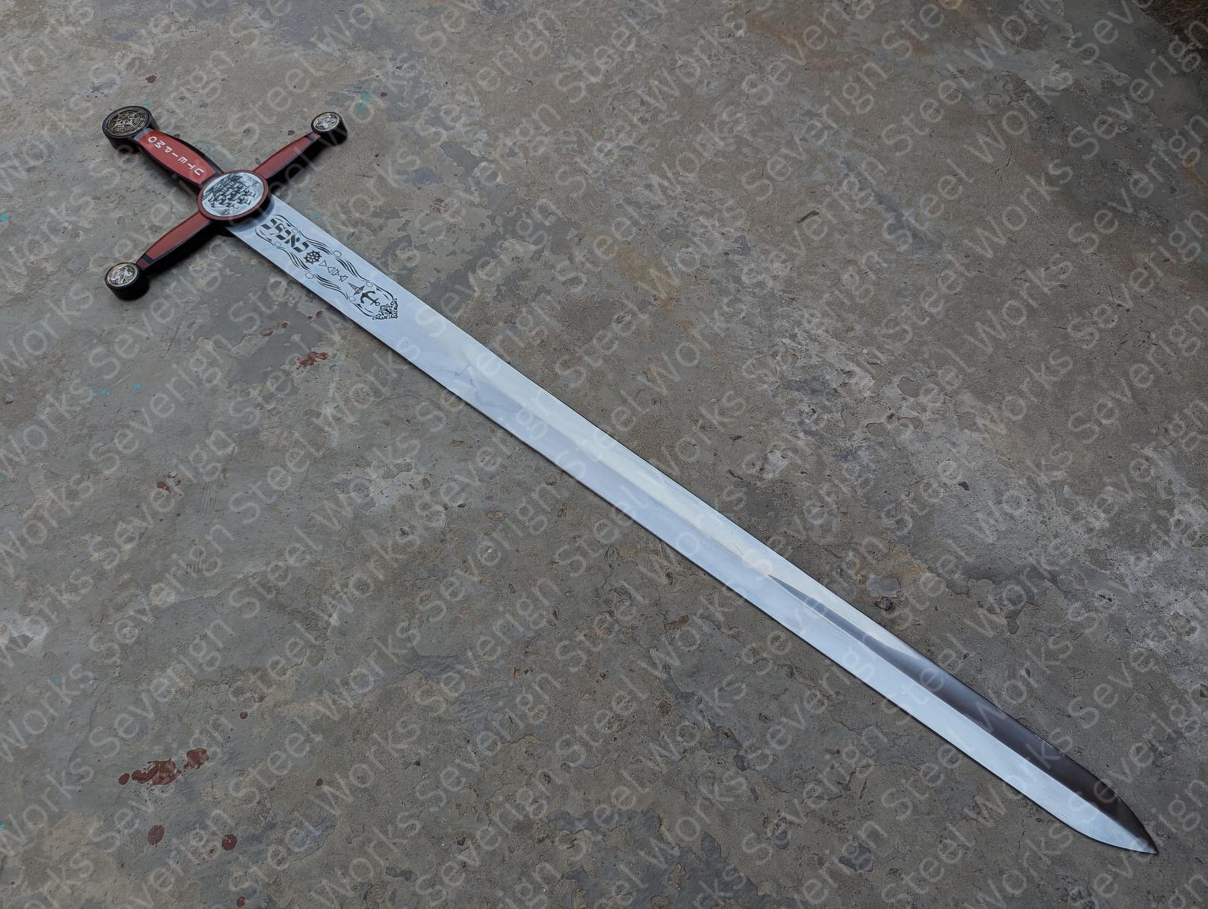 handmade ornate medieval crusader sword replica with engraved steel blade & red crossguard