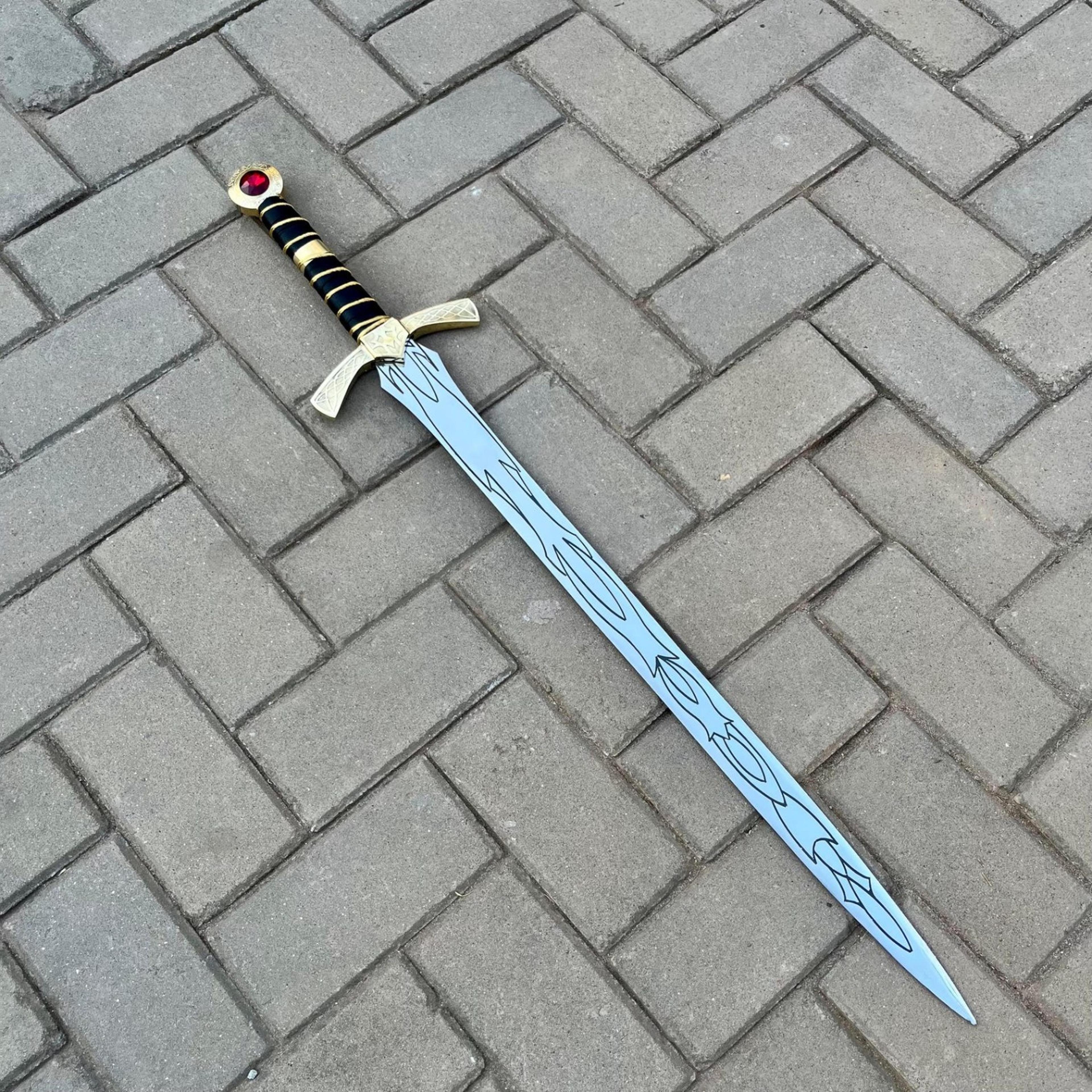 handmade 36in goldryn-inspired fantasy sword stainless steel engraved blade gold guard black grip red gem pommel
