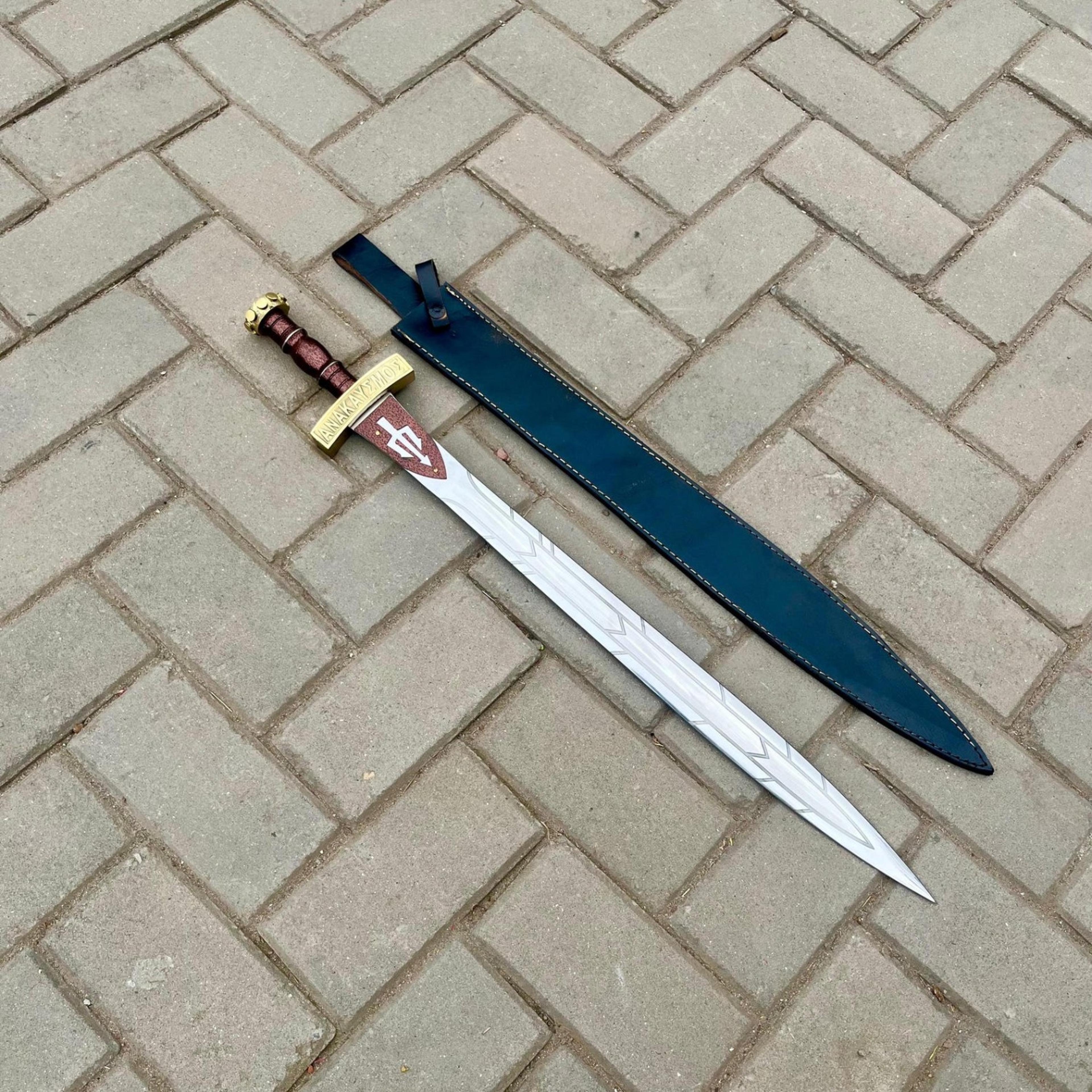 hand forged 31in riptide anaklusmos sword replica stainless steel blade gold guard leather sheath
