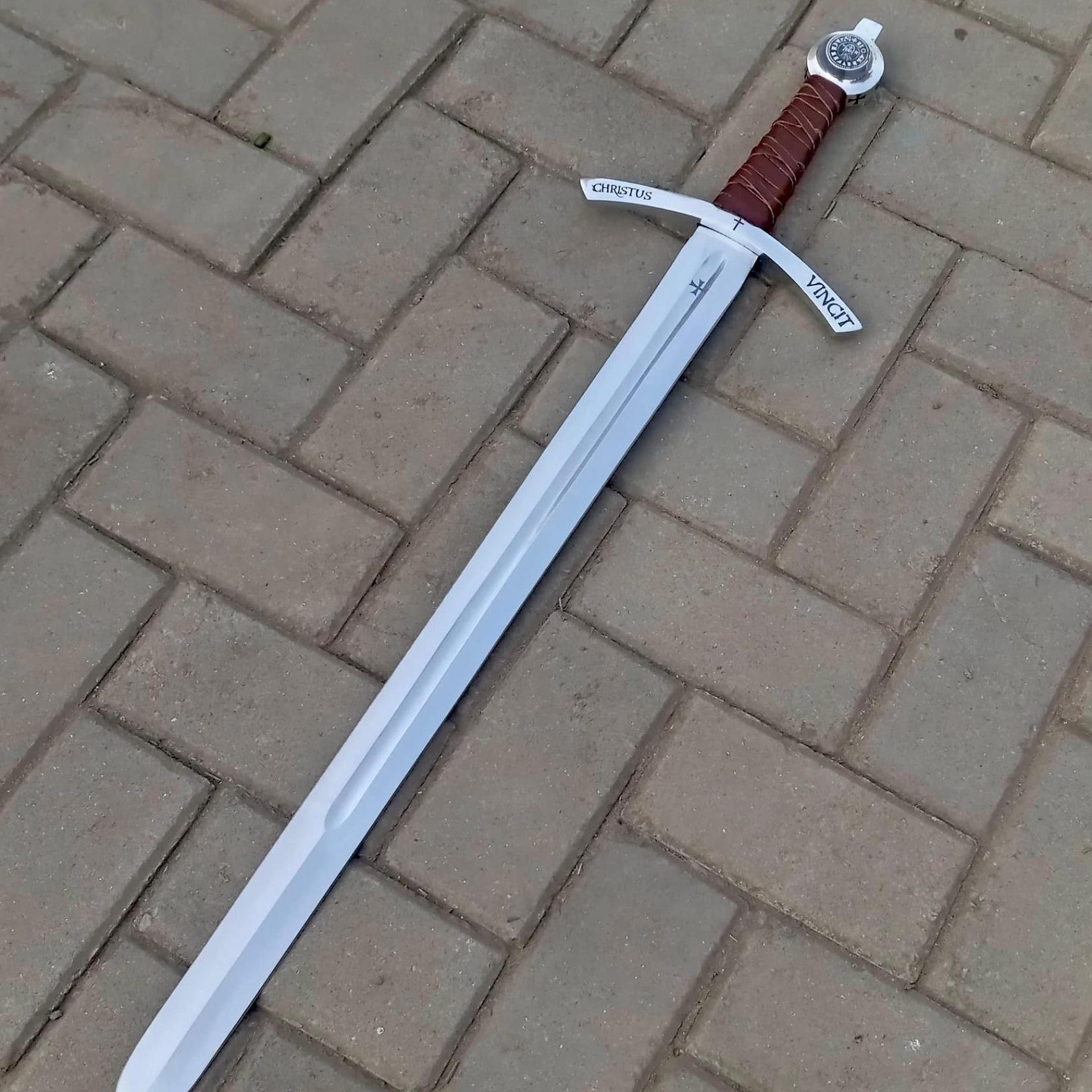 40in handmade knights templar sword hand forged steel blade christus vincit guard leather sheath