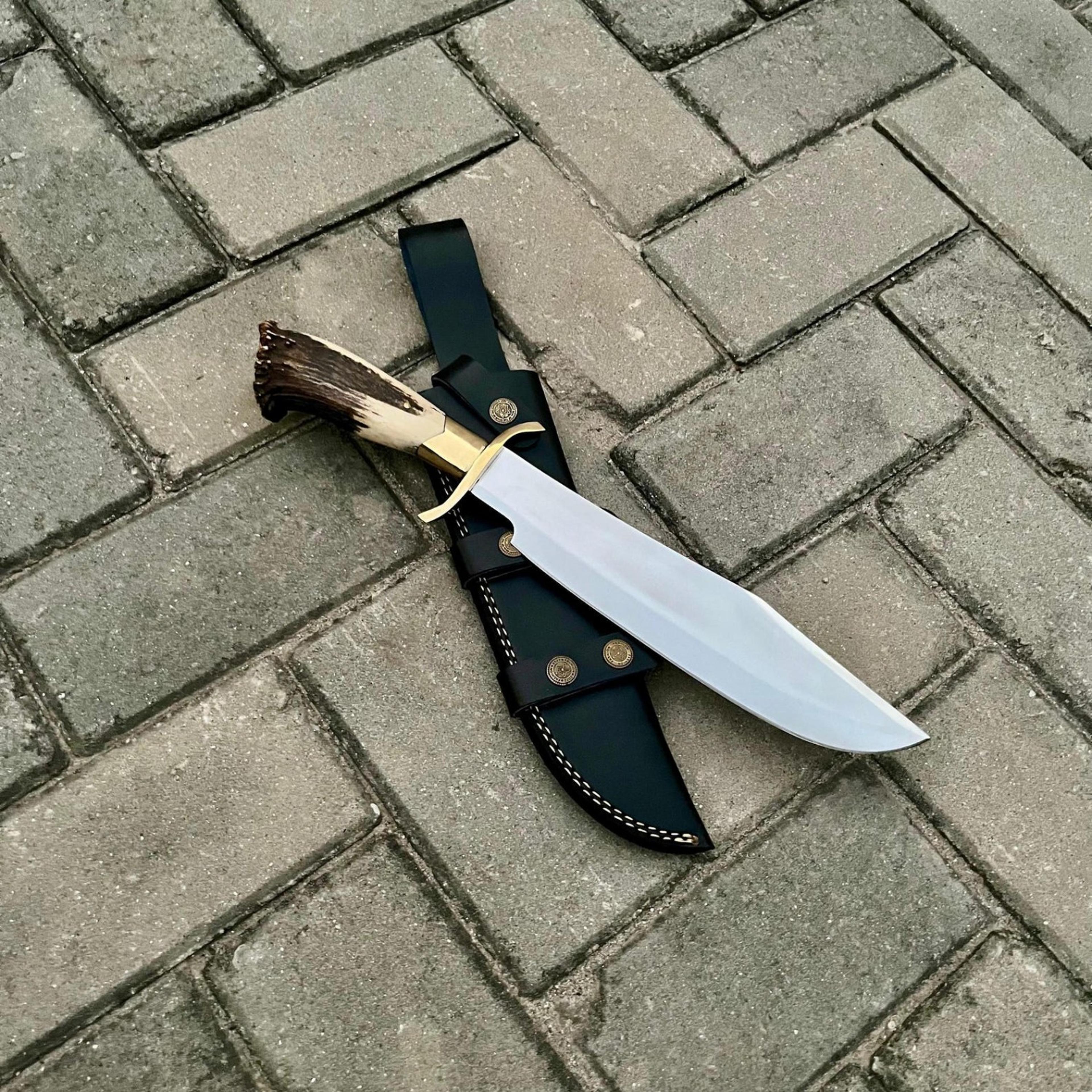 16in handmade stag horn bowie knife hand forged steel blade brass guard custom leather sheath
