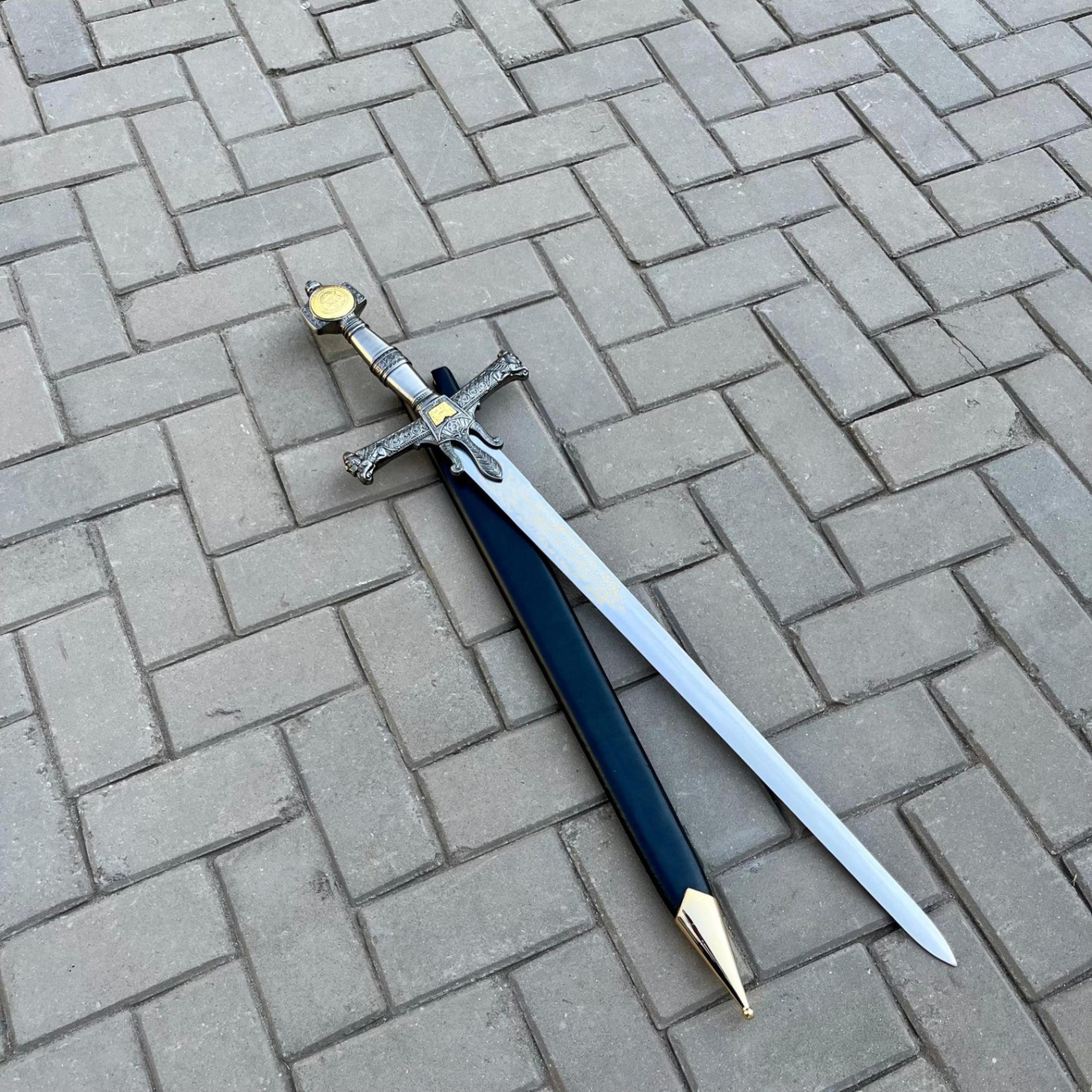 40in handmade medieval templar sword hand forged steel blade ornate guard custom made with black scabbard
