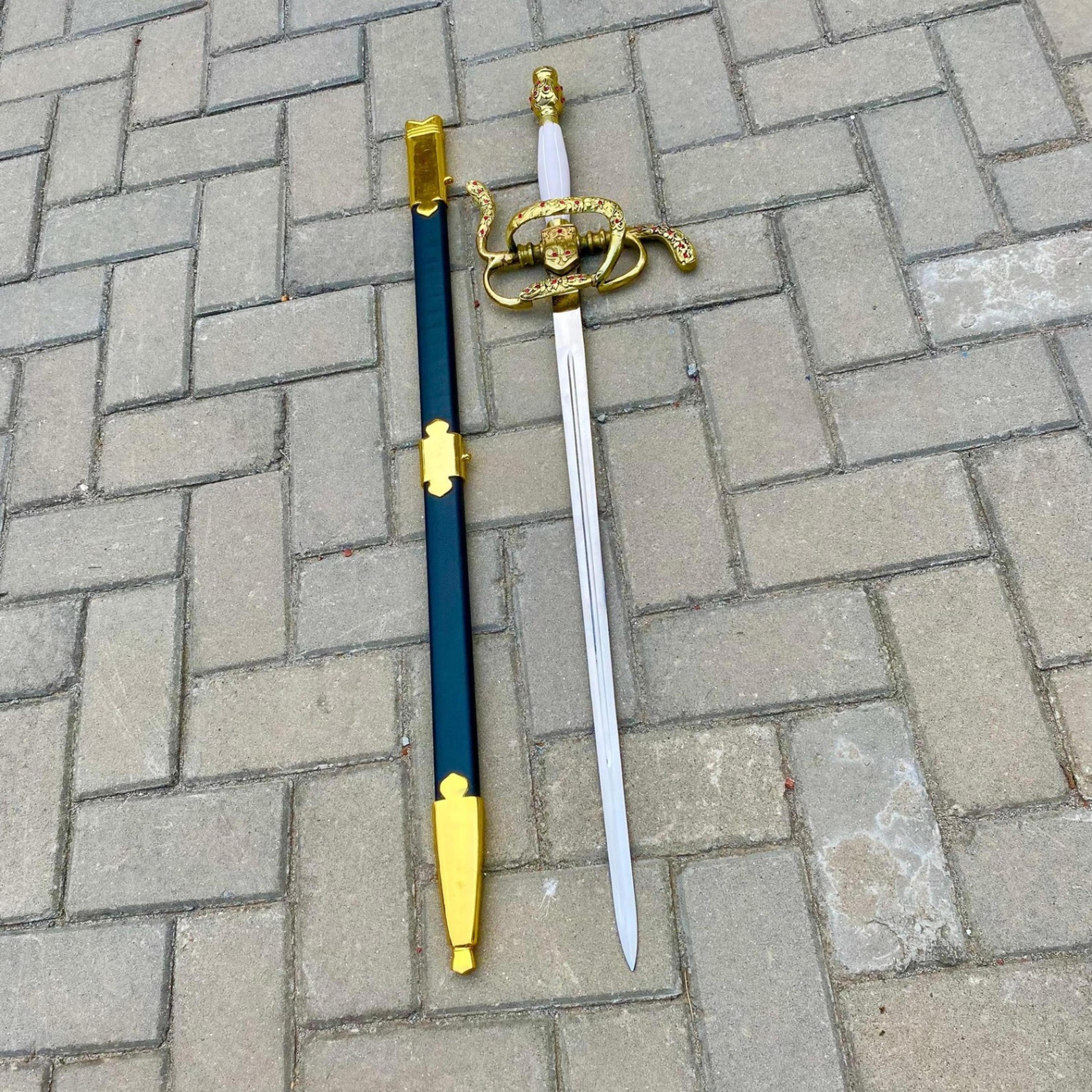 40in handmade spanish rapier sword hand forged steel blade gold swept hilt white grip with scabbard